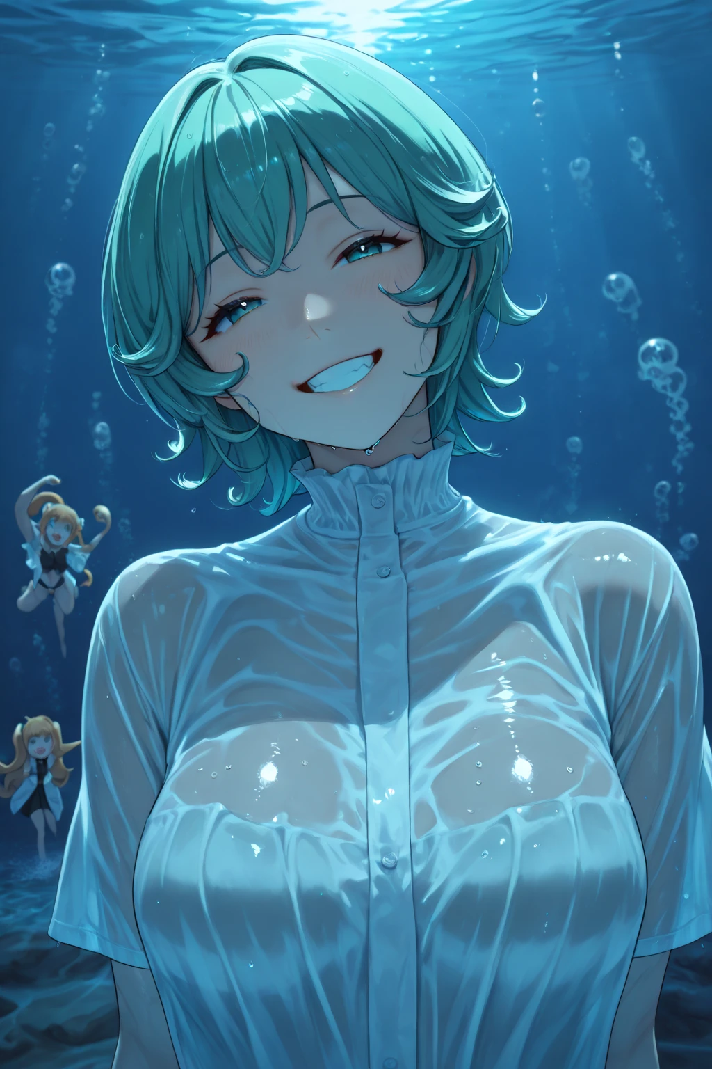 photo of pretty woman, full body, slim abs ,shiny skin ,ultra-detailed face, detailed eyes, lustrous lips ,subtle smile, Blue tones, realistic style with fantasy elements , charming realistic characters, (Surrealism, complex background:1.1) (ultra detailed, beautiful and aesthetic, masterpiece ,best quality:1.3)Nsfw(1girl, solo)18 year old,medium breasts,amelia watson, virtual youtuber,blonde hair, blue eyes,Crying,embarrassed, tears,nude lace(open clothes,torn clothes,)(see-through,translucent,transparent,)(wet,wet clothes,dripping)(show off nipple,bare breasts)cum in mouth,cum in pussy,pussy cum,cum on body,cum on breasts,cum on hair,excessive))) (((cum,bukkake,cum dump,creampie, (stream of water, water balls in her hands, controlling water:1.2),