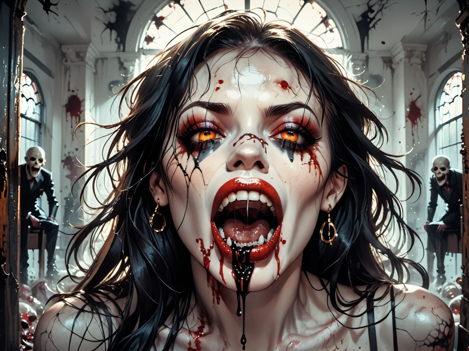 female vampire, bloody face, sharp vampire teeth (blood dripping from the canines), high detailed, outstanding, sharp focus, Realism