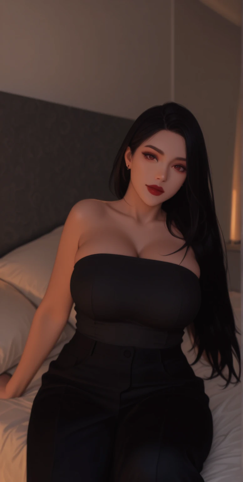 score_9, score_8_up, score_7_up, BREAK,
intricate details, beautiful curvy (muscular) ((Latina)) demon woman, black hair, very long hair, detailed face and eyes, ((purple skin)), yellow pupils, ((black sclera)), purple horns, ((tail)), red strapless jessica rabbit dress, purple elbow gloves, red lipstick, purple eyeshadow, looking over shoulder, seductive expression, seductive pose, living room, view from behind, hair covering one eye