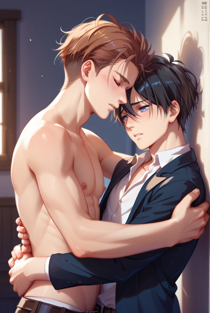 Realistic、Cute handsome man、Idol face、、Japanese、Slim body、Mash Hair、Completely naked、Full nudity、I was hugged from behind by an old man in a suit.、Inside the office、Embarrassed look