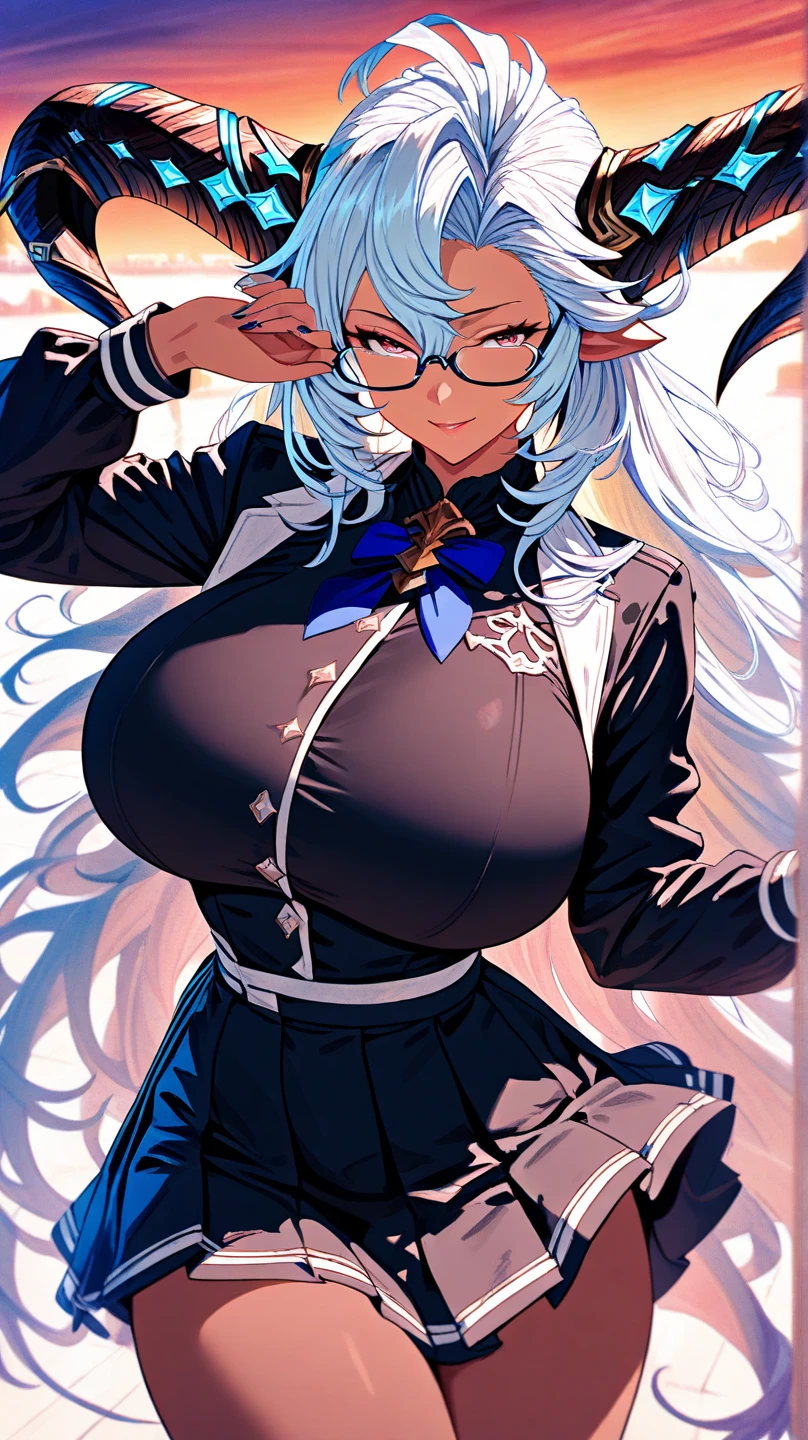 an anime drawing of woman with bunny ears and a swimsuit with frills, 1girl, animal ears, breasts, solo, eyewear on head, navel, blue eyes, white hair, jacket, large breasts, sunglasses, looking at viewer, white background, long hair, simple background, ponytail, animal ear fluff