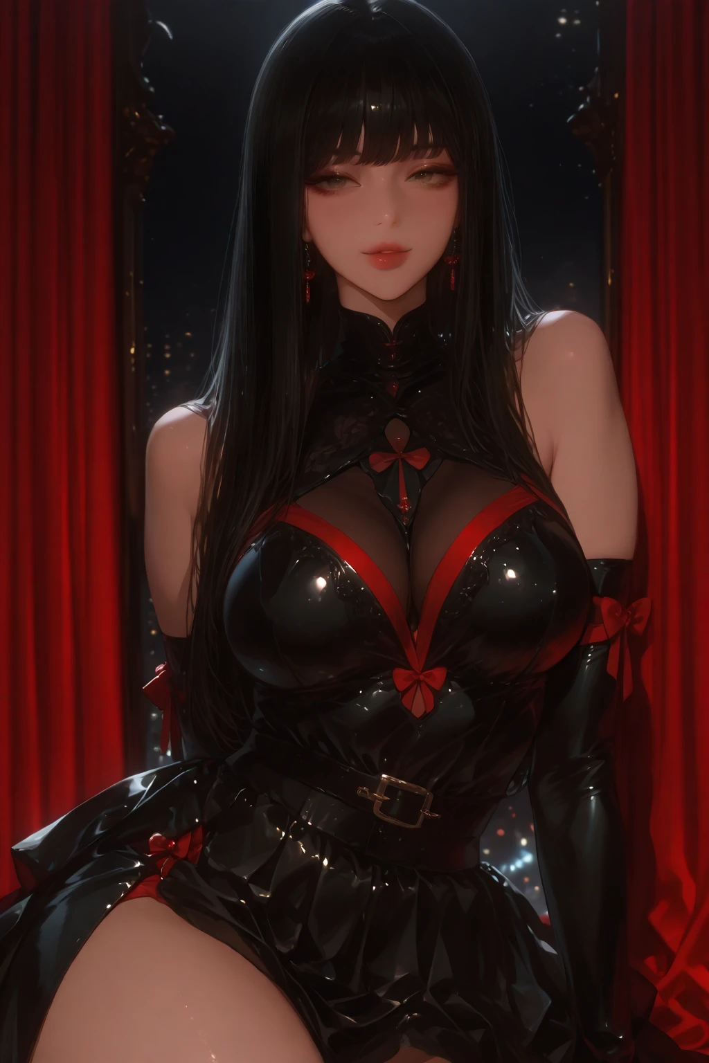 Detailed facial details,1 girl、Cat ear,Black long hair,Red lips,Large Breasts,Wear chiffon Chinese dress and ,Charming red eyes, Shy expression,Slim,Handcuffs,Collar,Radiant Skin,Facial details are very detailed, Stretch your body,bedroom