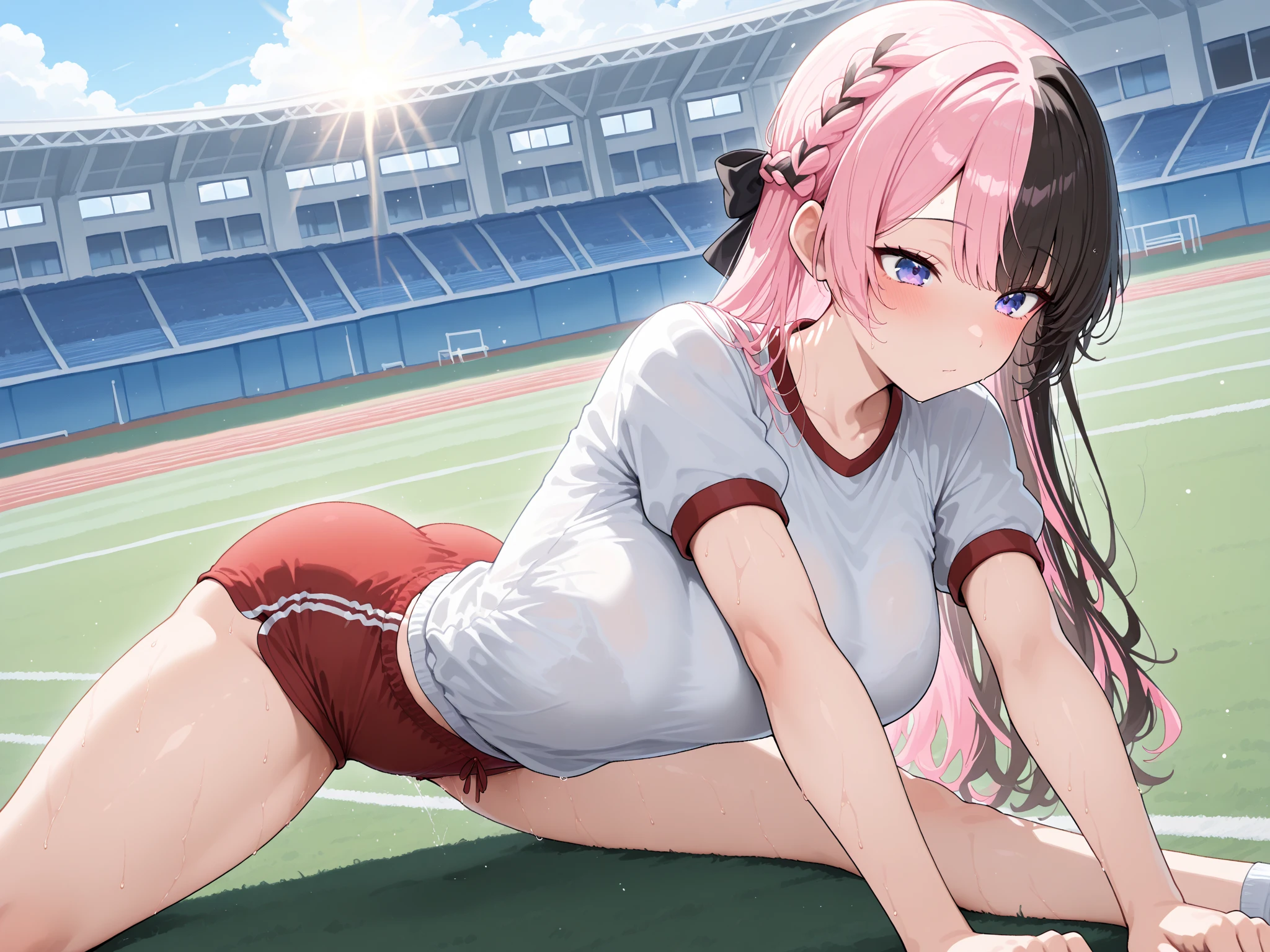 pieces fly、masterpiece、highest quality、Super detailed、High resolution、High resolution、8K portrait、Unity 8k壁紙のHigh resolutionCG、unity 8k wallpaper、cute type little:1.5、:1.5、Highly detailed CG unity 8k wallpaper、realistic、real person、cute type little、 portrait photography、shiny skin、High resolution、(1 girl)、beautiful clear eyes、very detailed explanation、delicate face、nice lips、slender body、Big breasts and a narrow waist、thin legs、1 girl, cute type, perfect face, seriously, (blush:1.5), ((cute:1.4)),(10 years old:1.8),(athletics stadium:1.3),、(track and field sleeveless uniform:1.2), (((I have nipples)))、Detailed description vagina,((show vagina)),(spread legs:1.2),spread ,((Orgasm in the vagina:1.5))、(:1.5)