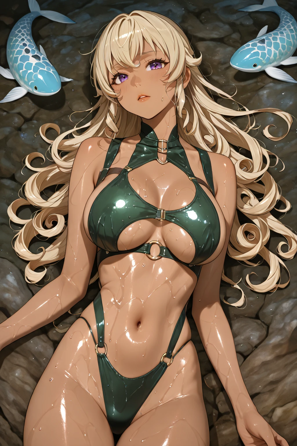 ultra-detailed、sensual, ((long blonde curly hair)), thick thighs, 8K, 4k, highest quality, High resolution:1.2), cute anime face, noise reduction, ((Glowing green eyes, gentle smile, kind eyes))、toned abdominal muscles, muscular arms, muscular legs, young face, anime eyes, (((big breasts、A chest that is about to burst)))、(((bondage style)))、(((Rear view、I'll turn around、emphasize the buttocks、T-back that digs into your butt)))、(((white string:1.5)))