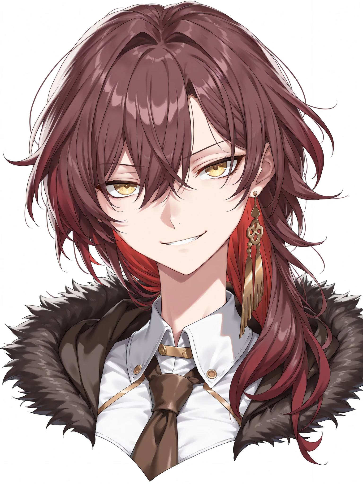 (face focus, portrait, close up shot:1.22), dynamic pose, three quarter shot, looking at viewer, mature, 1girl, solo, mature, masterpiece, best quality, amazing quality, very aesthetic, high resolution, ultra-detailed, dramatic lighting, absurdres, arrogant expression, head tilt up, jawline, hair in front of eye, smirk, tsurime, golden eye, hussar clothes, cossack uniform, fur trim jacket, Cipher \(honkai_star_rail\), tomboy hairstyle, delinquent, hooded, red hair, gold hair, (multicolored hair, two tone hair:1.4), FCV1