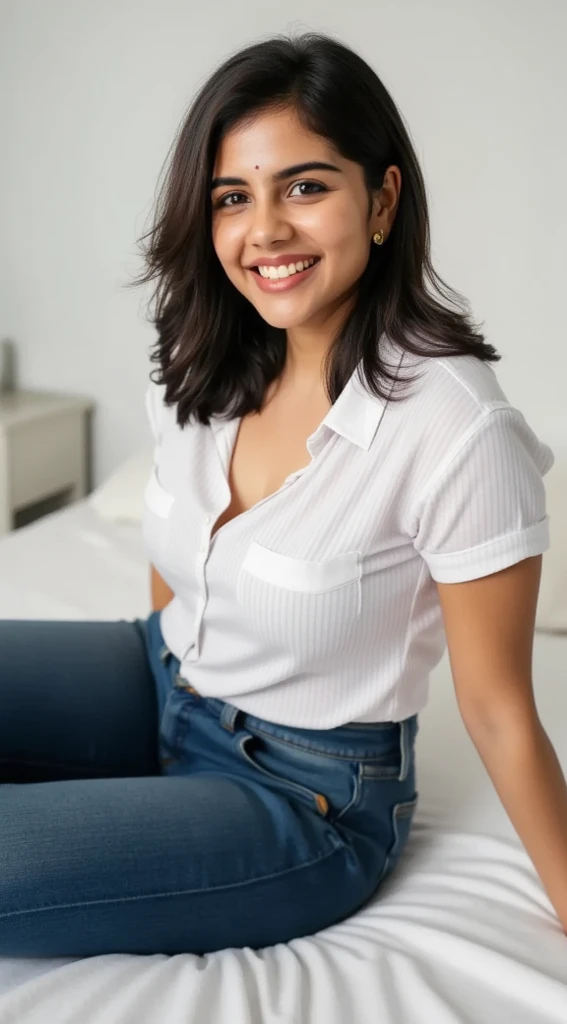 chica protagonista de libro morena delgada delicada de sonrisa bonita elegante camisa blanca cabello lacio corto y negro