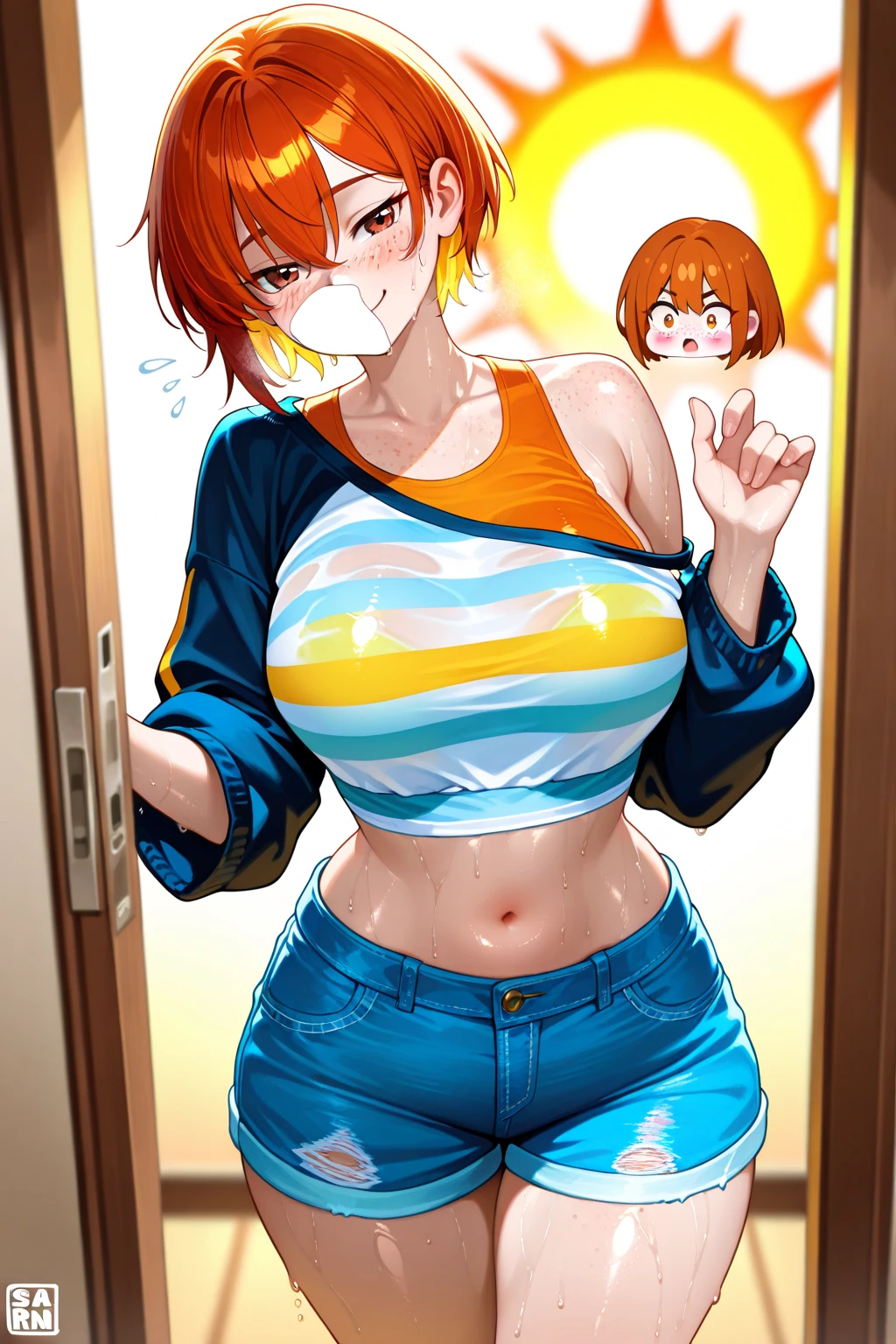 (1girl in)、Colossal tits、breastsout、sun burn、Expose muscles、Sweat muscles、Wavy blonde hair、Tight-fitting t-shirt、Punk Girl、japanes、A MILF、50 years old、denim short pants