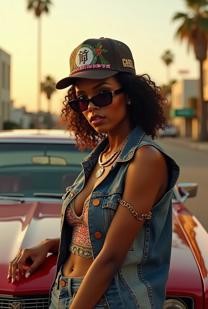5 foot 4 inch chubby latin woman with short gelled haircut wearing wayfarer sunglasses in a red bikini standing next to a white convertible 1989 porsche 911
with gold wire rims in 1989 miami street
