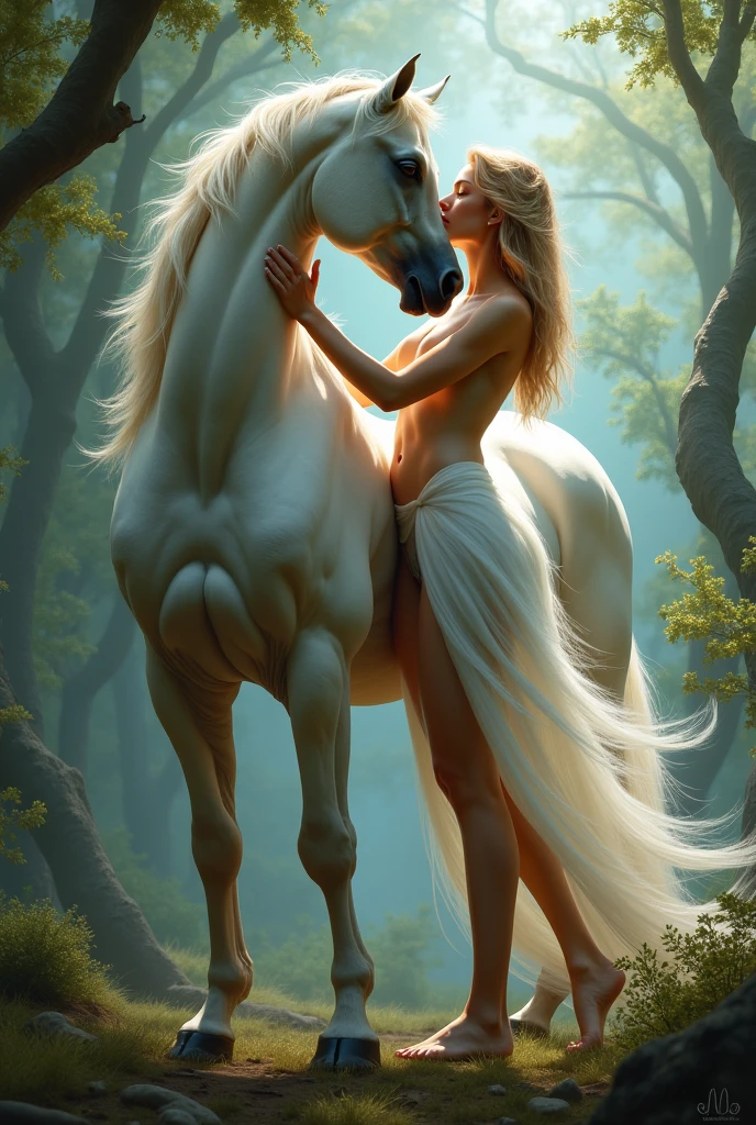 on the beach, many small full body, naked, naked woman lie on ground, small man riding white horse white looking back, white feather cloak, shield, bow, sword, female greek god, white hair, masculine, mature, naked, hairy torso, fantasy, intricate, elegant, highly detailed, digital painting, artstation, concept art, smooth, sharp focus, illustration, art by gaston bussiere and alphonse mucha, almost naked