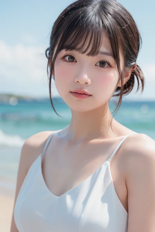 masutepiece, Best Quality, Illustration, Ultra-detailed, finely detail, hight resolution, 8K Wallpaper, Perfect dynamic composition, Beautiful detailed eyes, Swimsuit, Natural Color Lip,Beach, Random and cute poses, Kissing face,Close your eyes,Kiss the viewer,Perfect and beautiful face,Cute