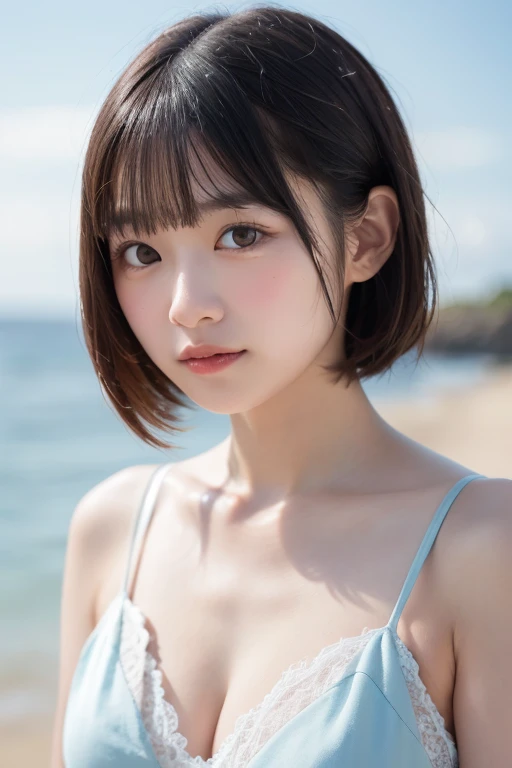 smile,((NSFW)),(Best Quality:1.2), Female dog,(Female organ:1.1),8K, Raw photo, Beautiful sexual woman, beautiful girl,((Her naked lower body is visible、股間のFemale organが見えている:1.3)),Detailed face and eyes,Esbian all over,Pose for the camera,blue sea,Blue sky,Palm tree,On a beautiful tropical beach,Hair blowing in the wind,short hair