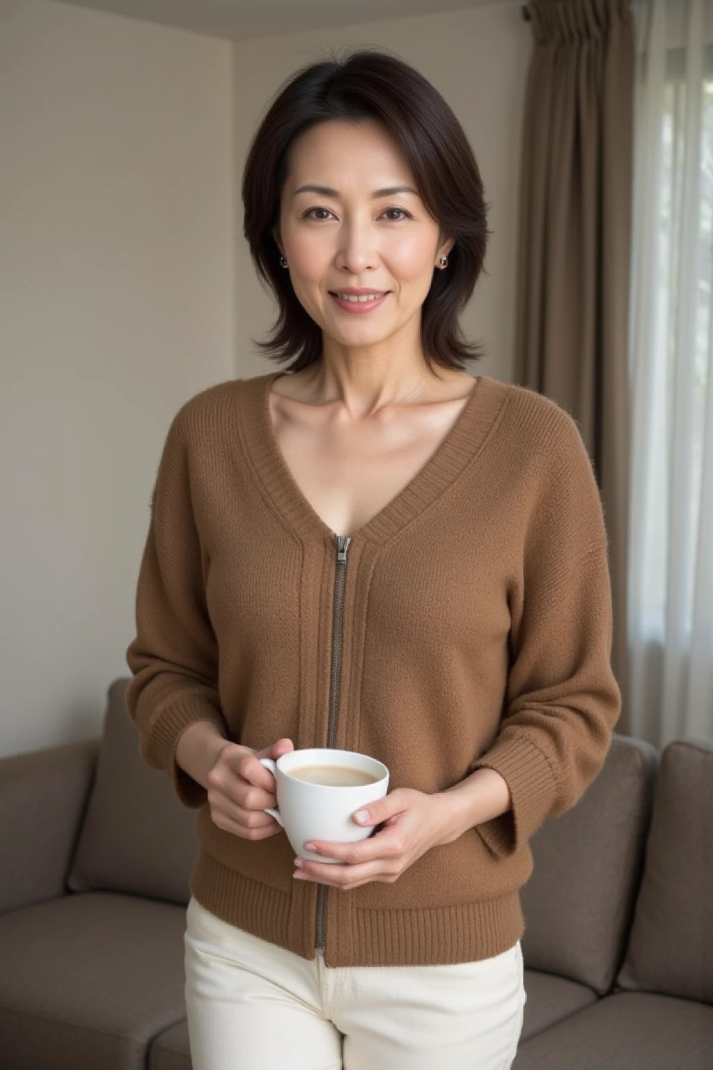 (Highest quality)、(High resolution)、(Ultra-detailed photos)、(Ultra-realistic texture)、(Illuminated subject)（8k images）（Clear Photography）（Real Photo） （A 40-year-old Japanese woman with elegant, well-defined features and a caramel-colored chignon.）（Her outfit is a light-colored top and a neat, chic and elegant skirt or dress.）（Look at everyone with a refreshing and loving smile）（Men are captivated by her charms）（She is outdoors）（She poses elegantly and cutely in various locations.）（Walking through the crowds of the city）（Drinking coffee at a cafe）（Shop）（Sit on the grass in the park）Playing on the swings at the show）（sit in a train seat）（Take a seat on the bus)（Mature woman lifts her skirt to show her sexy panties）
（NSFW Bold Skirt Lift）