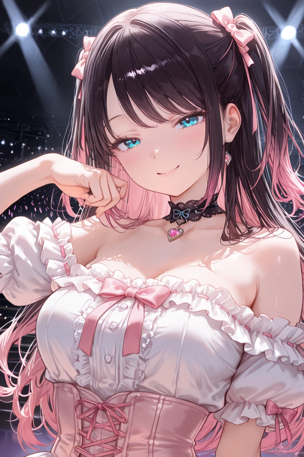 girl,((selfie:1.3)),B-style fashion that shows cleavage,Dowel Dabo Hoodie,modest chest,Yandere,close up of face,Dark circles under the eyes