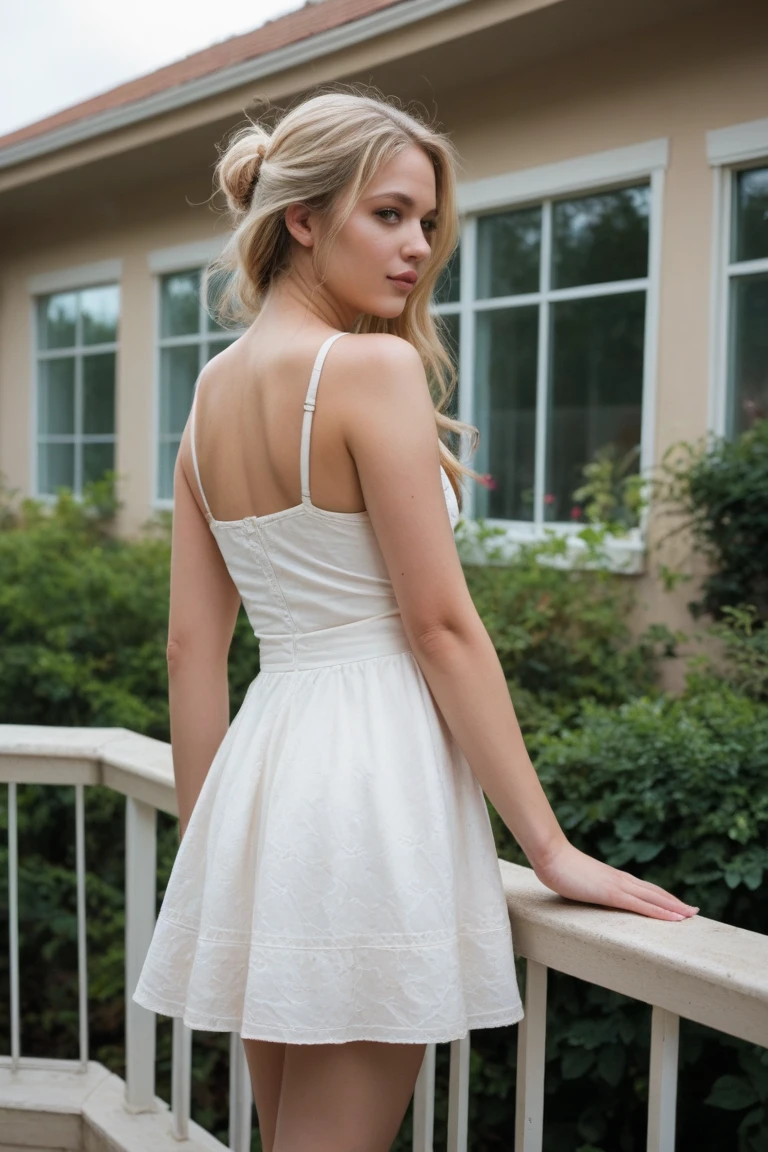 ((Caucasian woman)), ((blonde hair)) , wavy hair, long hair, olive green eyes, lined eyes, bright eyes, focus eyes, red lipstick, makeup, toned body, athletic body, small breasts, nipples, ((legs)), ((dress white summer)), low-cut dress, bracelets, standing, ((high key)), ((bright white background)), ((white light)), photo shot, back, buttocks, ass, back view, shot from below.
