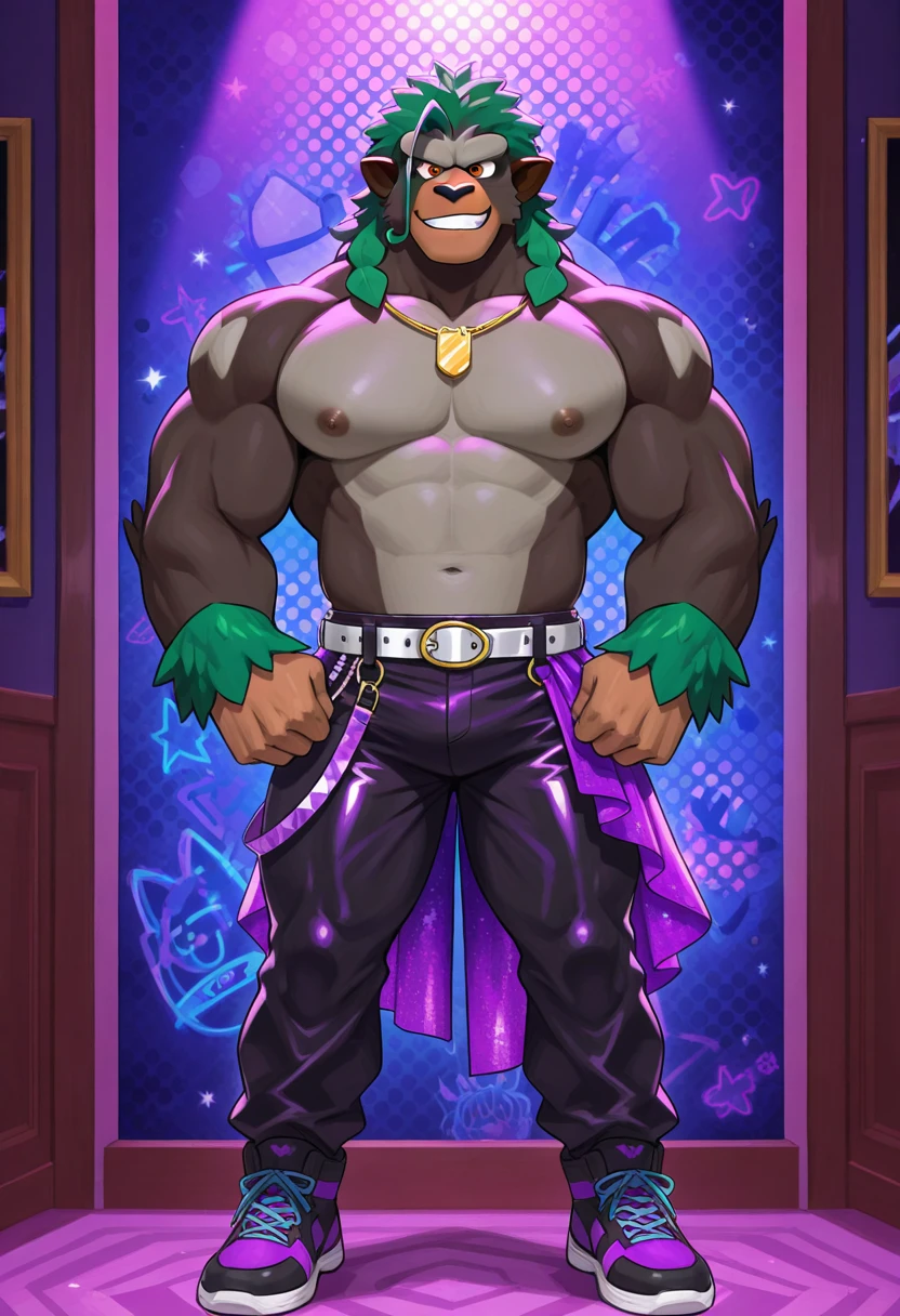 DaddyDearestFNF, 1boy, lavender skin, black hollow eyes, red glowing pupils, grayish-lilac hair, open black suit jacket without a shirt, black pants, belt with a golden buckle, black heeled dress shoes, silver watch, black sclera, colored sclera, solo, full body, huge , , 