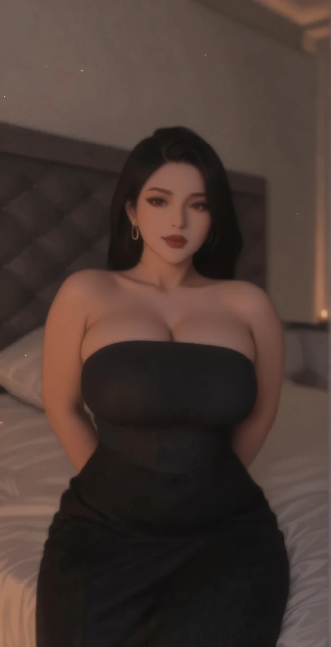 (Masterpiece, 4k resolution, ultra-realistic, very detailed), (sexy castle theme, gigantic breasts, charismatic, there's a woman standing in a hotel, wearing black dress, she's beautiful), [ ((25 years), (long black hair:1.2), full body, (((gigantic breasts))), ((huge breasts)), (blue eyes:1.2), (sexy pose), castle interior, ((detailed castle environment):0.8)| (curtains, at night, dynamic lights))], 4K, ultra-high definition, very realistic, very detailed, woman standing in a hotel with massive breasts, wearing a dress, long black hair ((chest view))