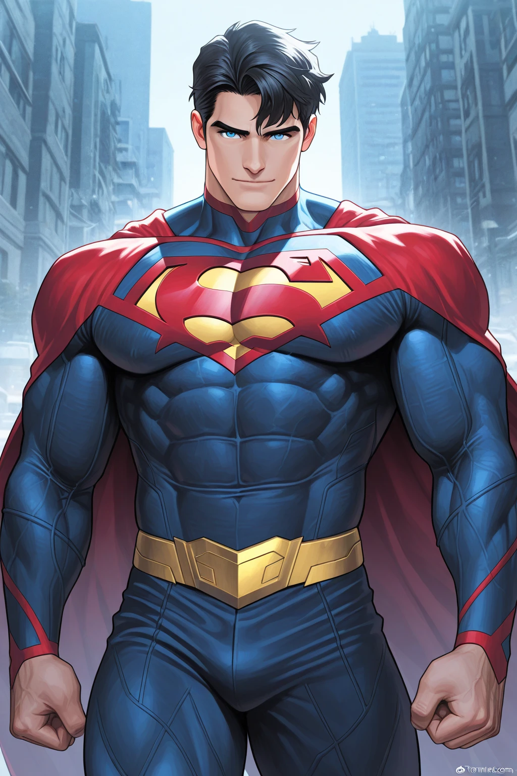 (Obra maestra, La mejor calidad:1.2), Enfoque masculino, 1man, 28 years old Superman, Smile, Mirando al espectador, Brazos cruzados, cabo, nubes azules, Cielo