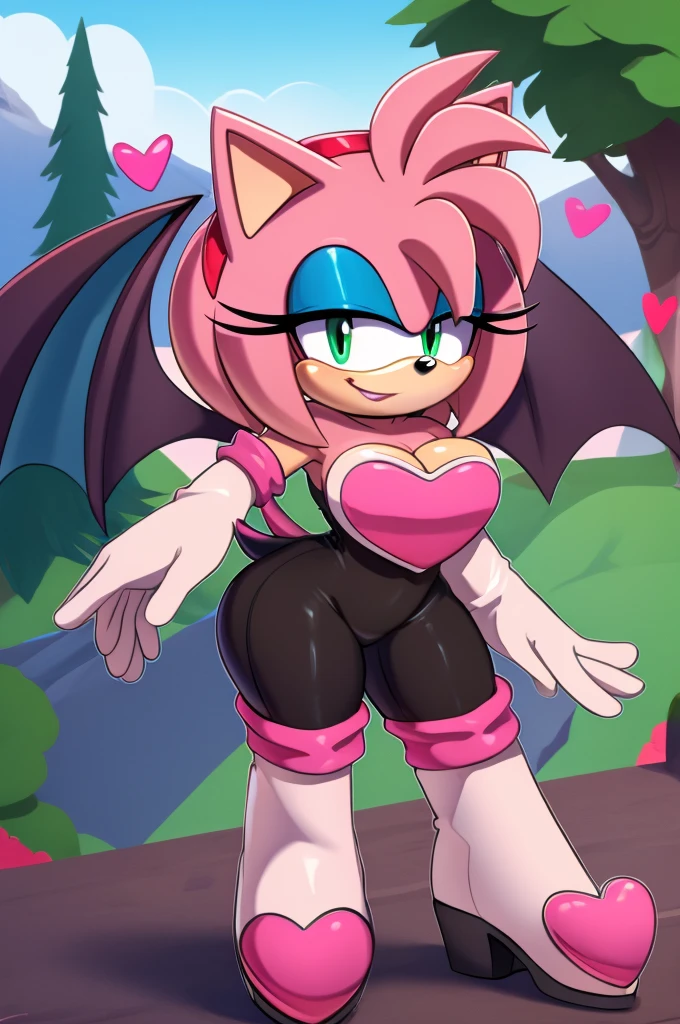 Amy Rose, (Rouge the Bat Cosplay), no wings, 1 girl, solo, smile, green eyes, red hairband, bob hair, sky, outdoors, cloud, pink hair, sunset, bare shoulders, animal nose, black rubber bodysuit, pink heart on chest, cleavage, white gloves, white knee-high boots, city background, balcony, upper body, walking, arms at side.