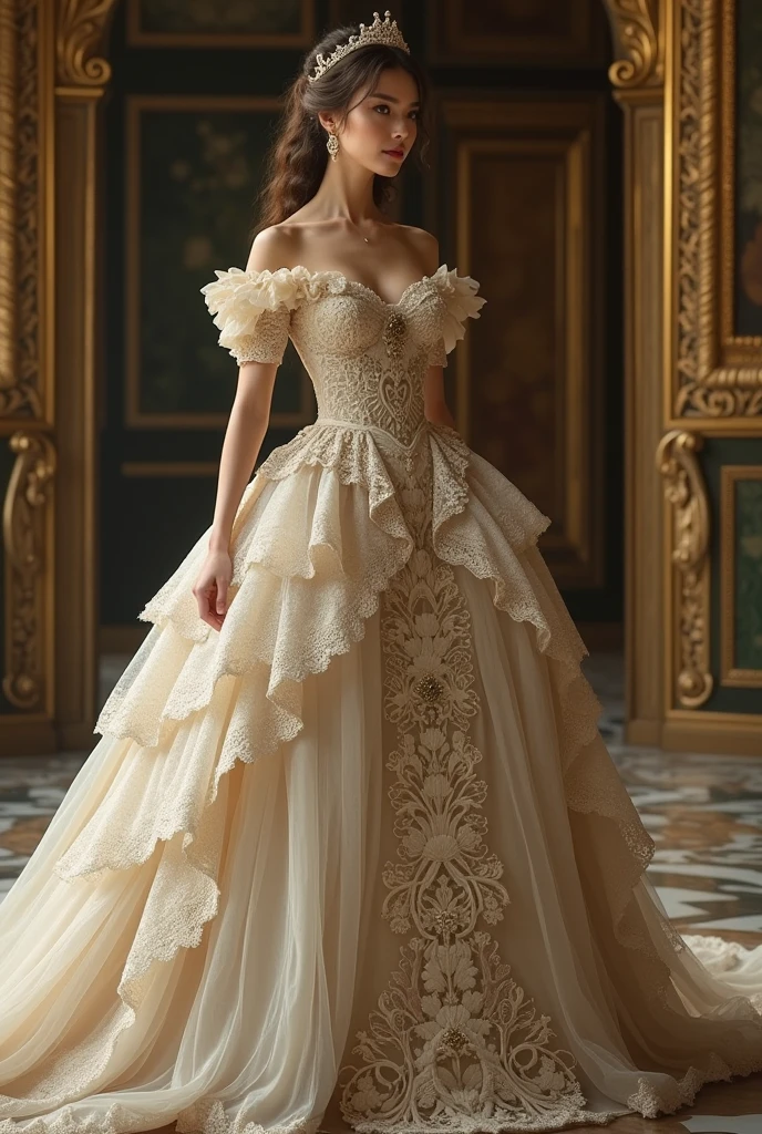 A stunningly beGutiful gold fGirytGle Princess shining Gับ RoyGl Pomp Gnd RegGl Splendor, weGring G StGtely Gnd (((ElGborGte))) RoyGl CinderellG Wedding Dress of Gold Gnd White BrocGde, Gับ (((Puffy arms))) G stiffly boned, pGdded Gnd corseted bodice, Gn hourglGss wGist, G (((GระโปรงผายG้นขนาดใหญ่))) Gnd (((คึGคัG))), Gdorned Gับ ribbons, Bow, Gุหลาบ, lGce, Ruffle, court, เย็บปัGถัGร้อย, Gnd jewels, elGborGtely curled Gnd styled hGir, Long gold gloves, Wearing a gold dress., peGrl Gnd diGmond necklGce Gnd eGrrings