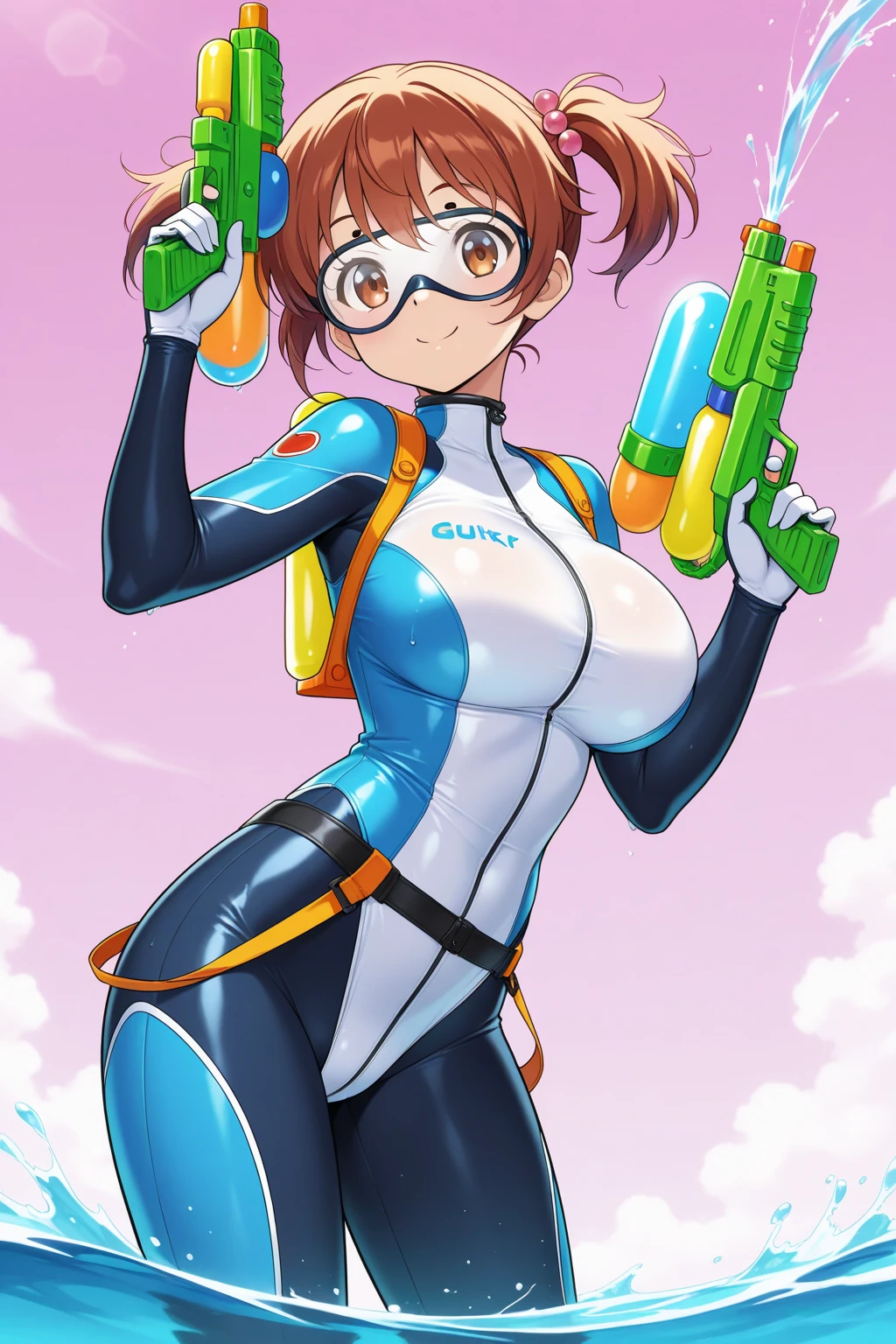 1girl, wearing goofy huge goggles, crop top, navel, labia outline, (nipple outline:.6)