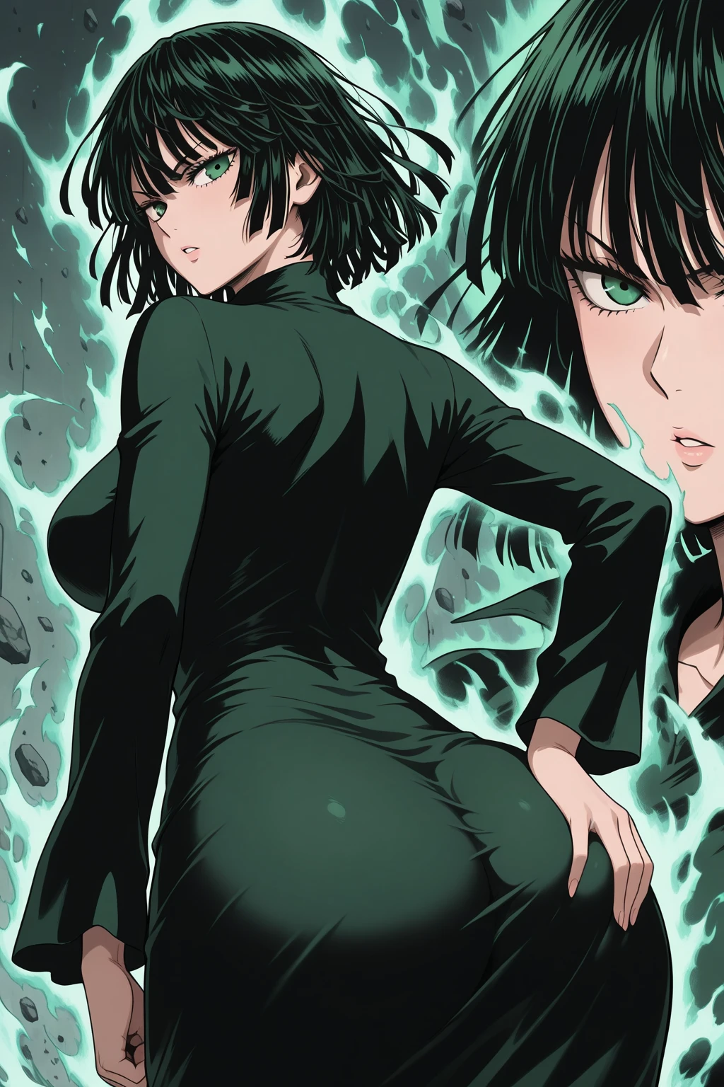 Fubuki one punch man, standing on road , manga art style, super tight fitting black shinny dress, dynamic pose, dark green short hair, green eyes, yusuke murata art style, big breast,