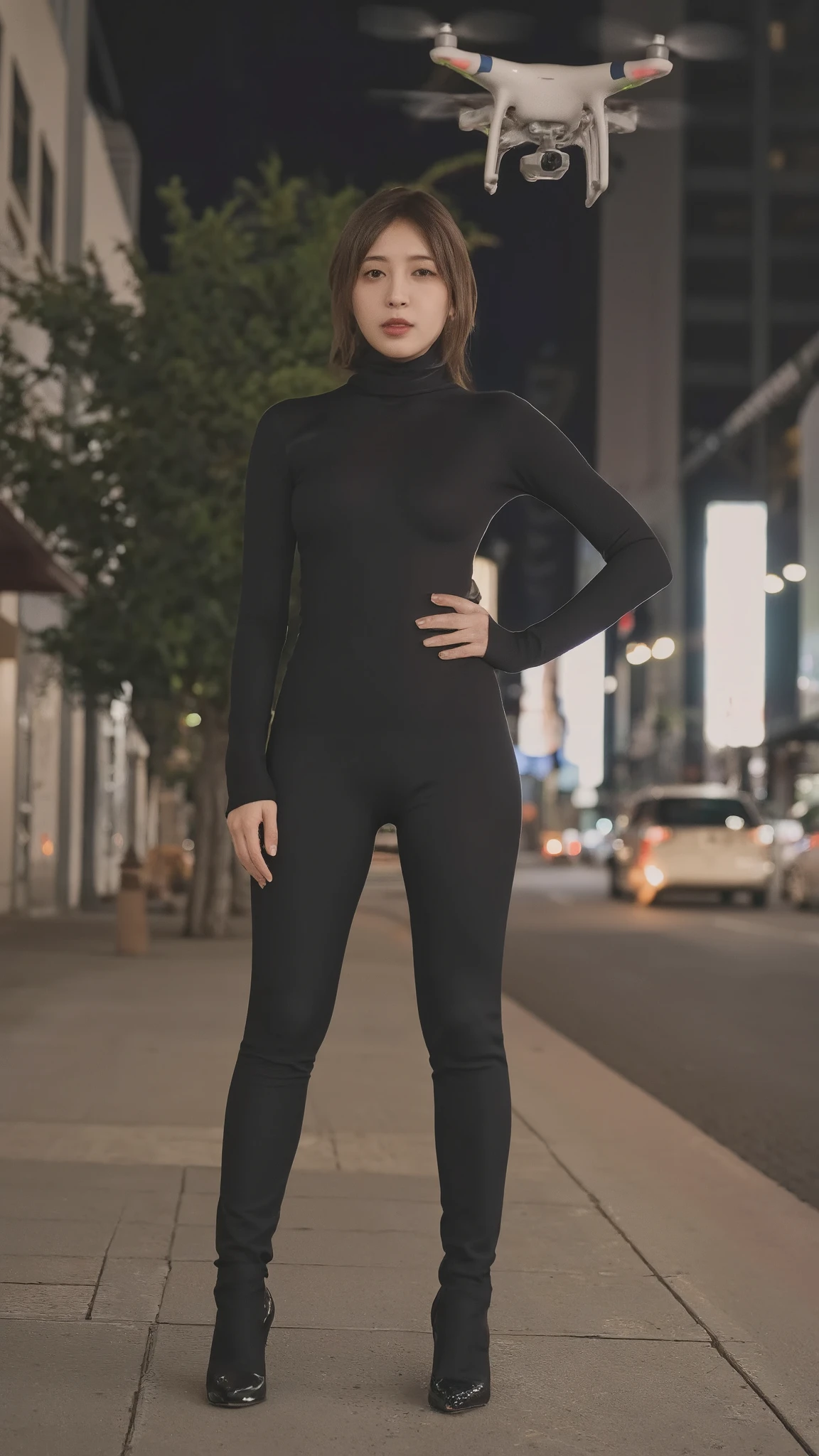 women wearing tight hijab named rio hikarunagi nanase, a photo of Kotone, beautiful face perfect, wearing high heels , background on sidewalk street with cinematic lighting, 1 drone flying over it
