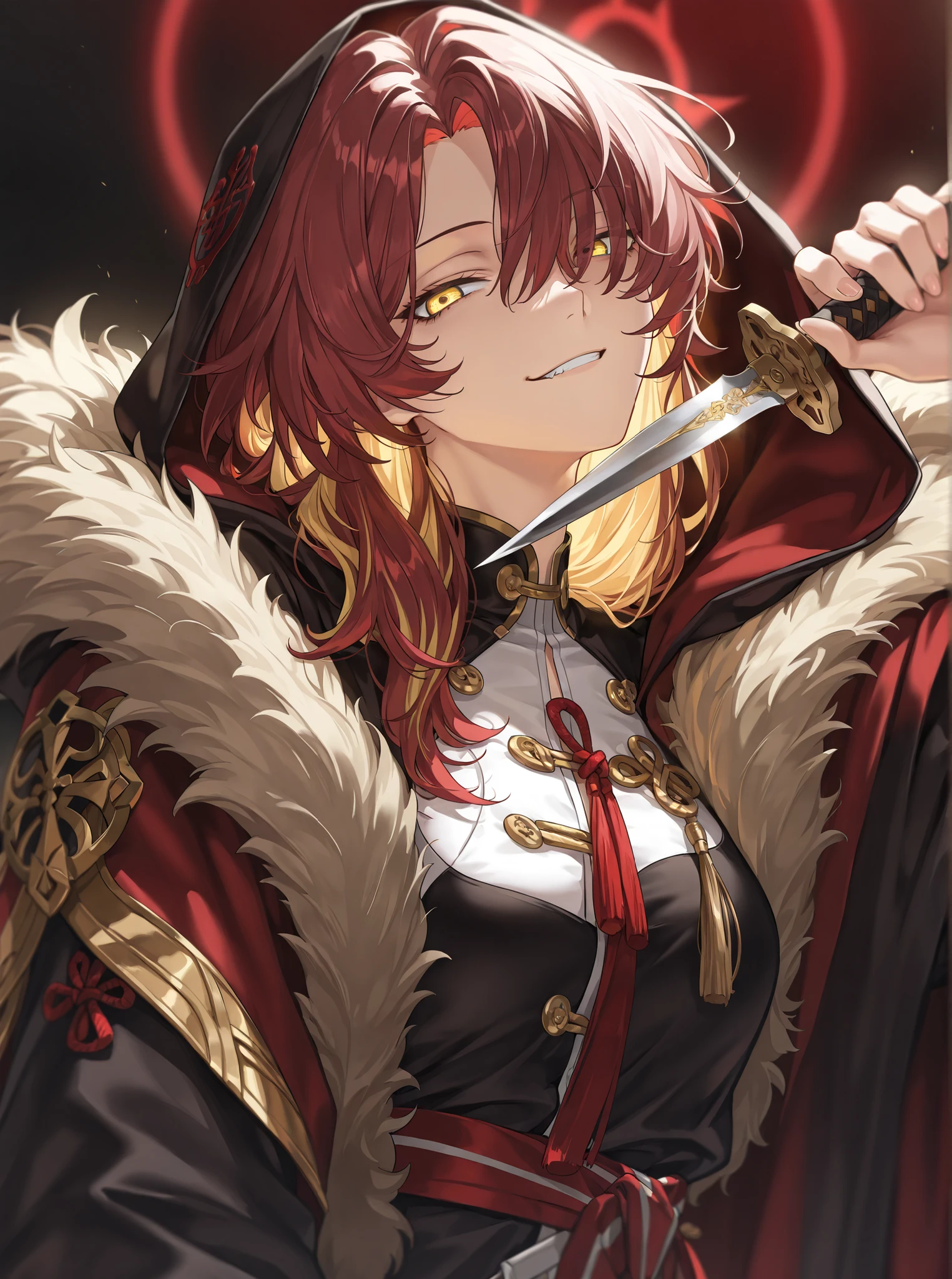(face focus, medium shot:1.22), dynamic pose, three quarter shot, looking at viewer, mature, 1girl, solo, mature, masterpiece, best quality, amazing quality, very aesthetic, high resolution, ultra-detailed, dramatic lighting, absurdres, arrogant expression, head tilt up, jawline, (hair in front of eye:1.44), smirk, tsurime, golden eye, hussar clothes, cossack uniform, black clothes, fur trim jacket, Cipher \(honkai_star_rail\), tomboy hairstyle, delinquent, hooded, bright red hair, blond hair, hooded cloak, (multicolored hair, three tone hair:1.4), FCV1,dagger, biting on dagger, runic weapon