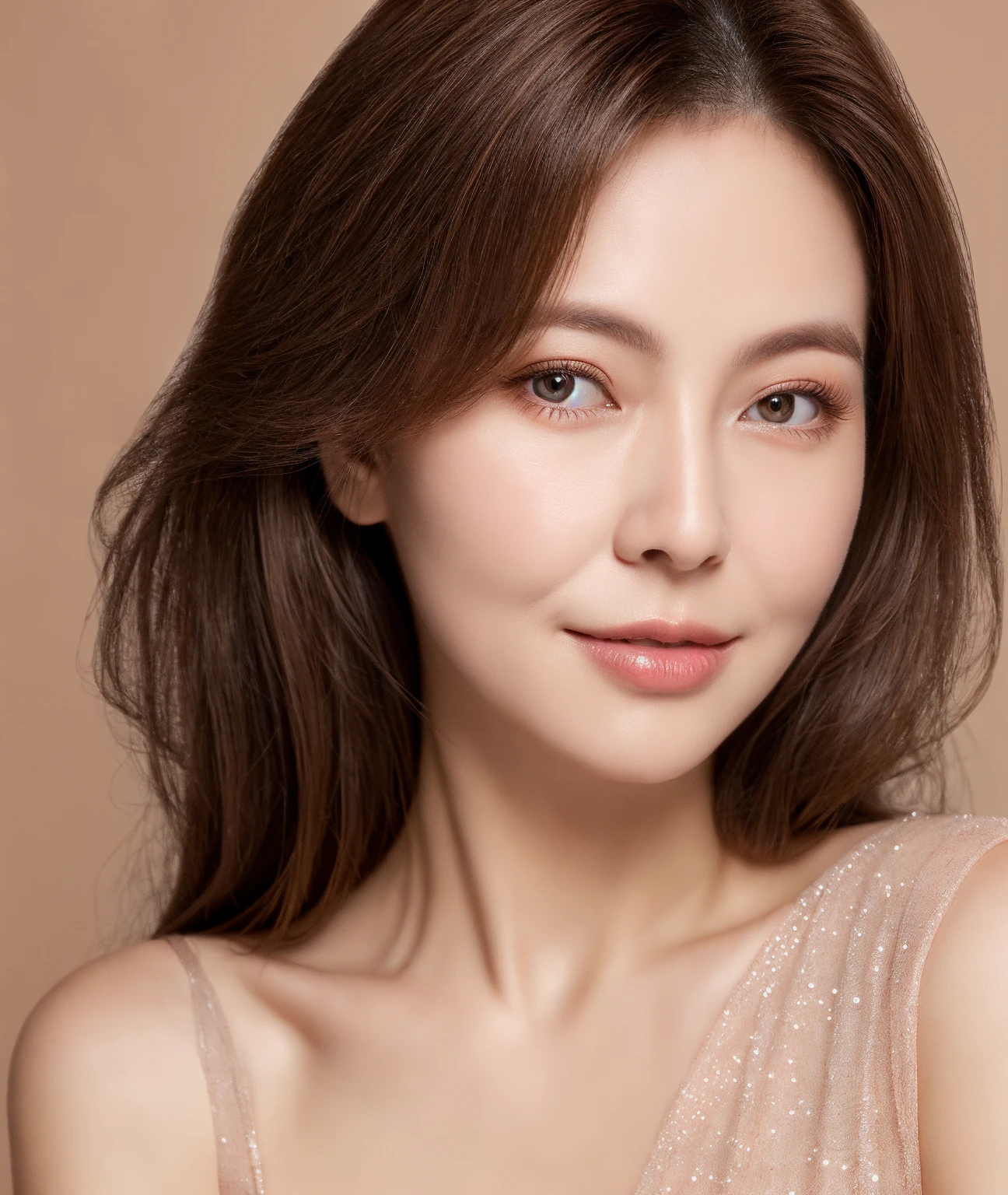 (masterpiece:1.0), (Highest quality:1.4), (超High resolution:1.2),(8K, RAW Photos:1.2), (Soft Focus:1.4) ,Beautiful mature woman, (48 years old:1.3), (Sharp focus:1.4),Cute face with attention to detail,Beautiful, white, radiant and moisturized skin, The viewer's eyes, Fine details in the background,Mature Woman, chest, Long Hair, Brown Hair, Dynamite ignition, Attractive body, View your viewers, indoor, Wearing a dress, Are standing, Detailed body, Attractive body, The perfect human body, High cheekbones, (Ultimate Quality, masterpiece, High resolution:1.0), (photoRealistic, Realistic:1.9),