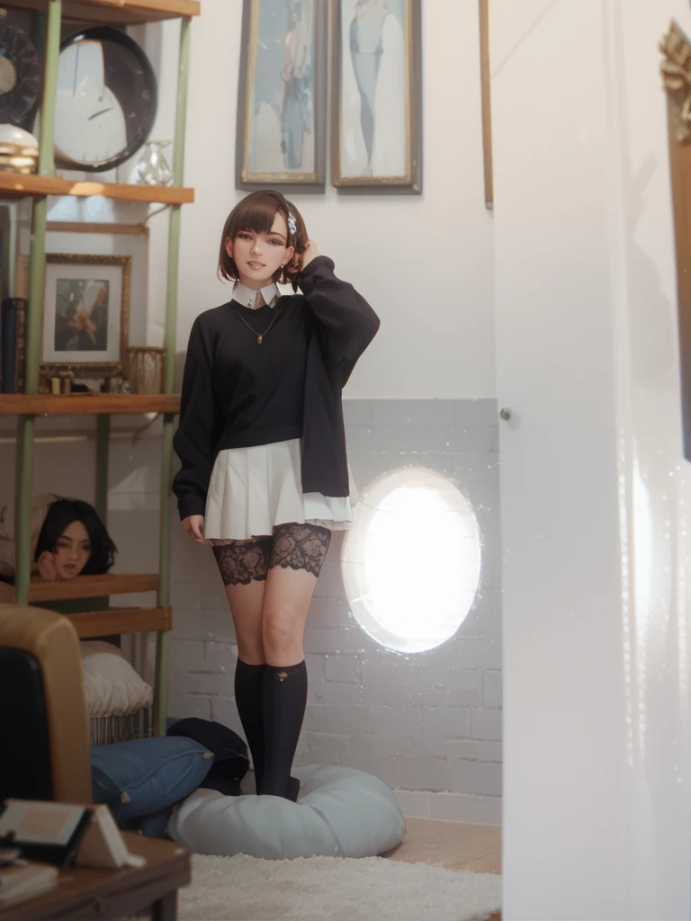 One girl, Looking down, skirt, 片feetで立つ, Huge breasts, kick, feet,how, No underwear, Striped pussy
