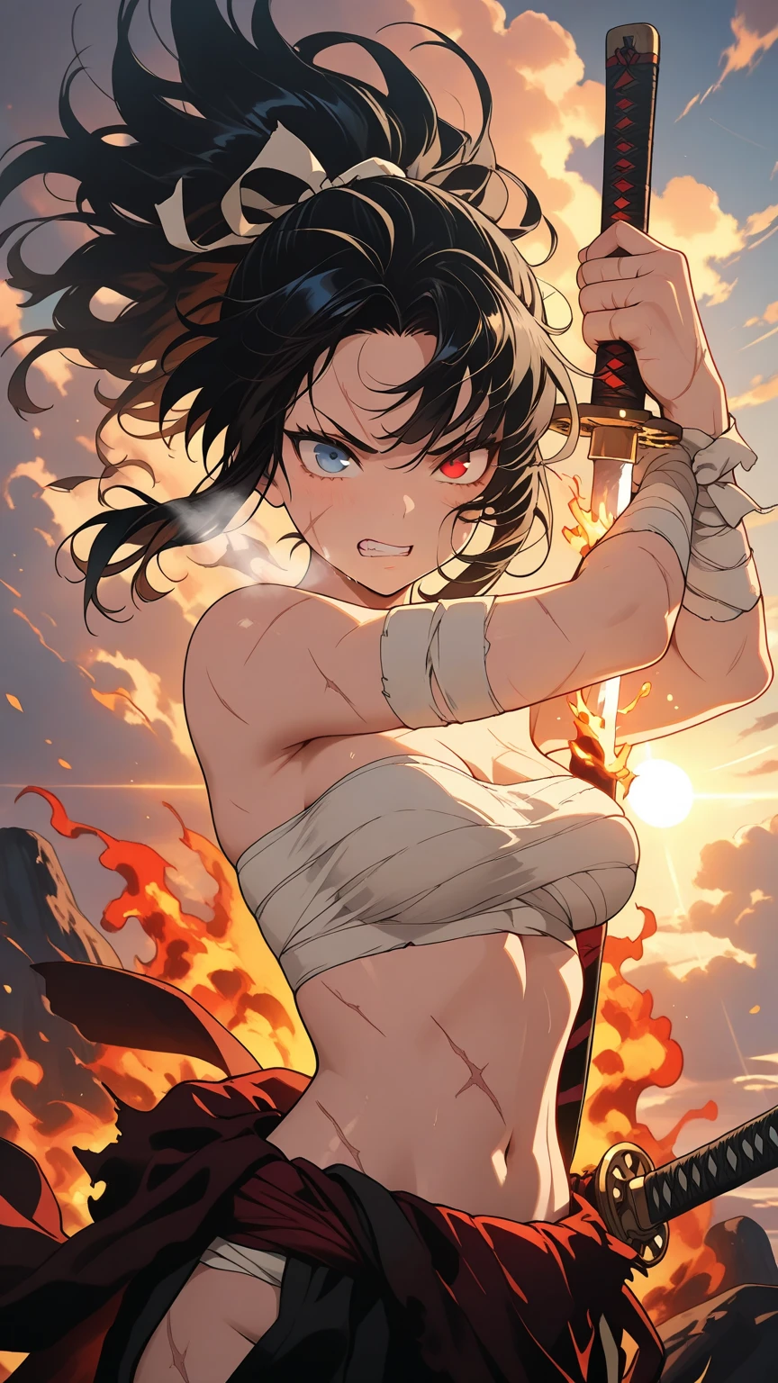 1 mature woman, black thick long hair, beautiful woman, pose hero, dust, fight scene, naked, scar and dust on her body
