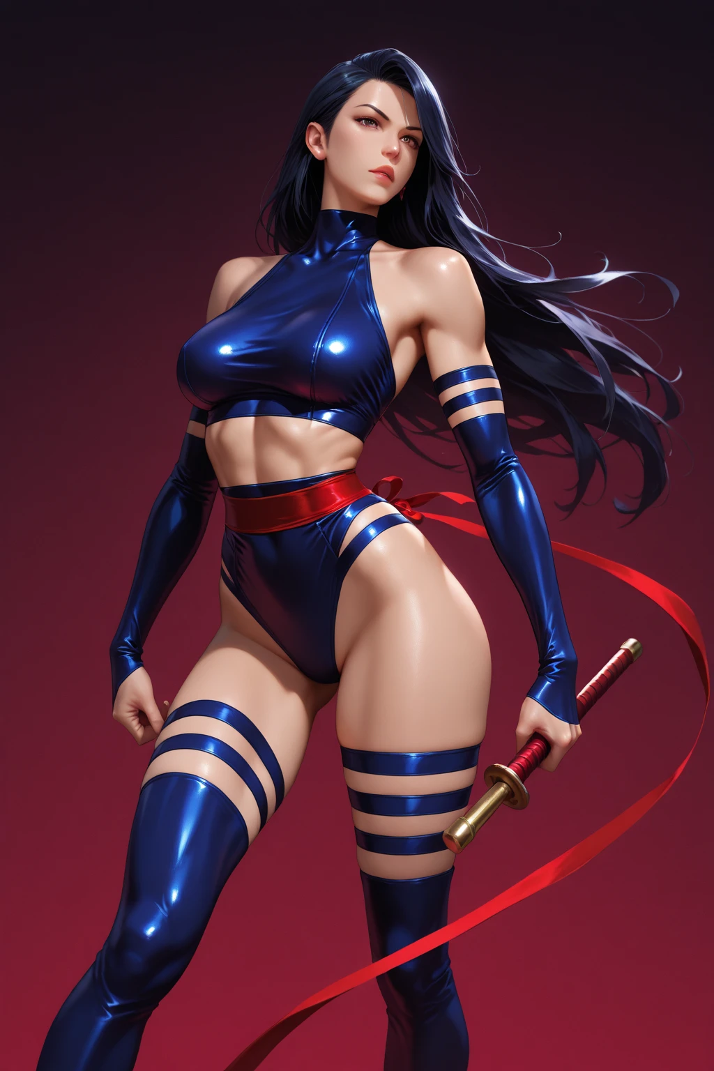 beautiful, (masterpiece:1.2), (best quality:1.2), perfect face, perfect eyes, perfect lighting, pov,  full body focus, head shot, 1girl, psylocke, leotard, rubber, exposed shoulders, smile, upper half, foreshortening, depth, simple gradient background