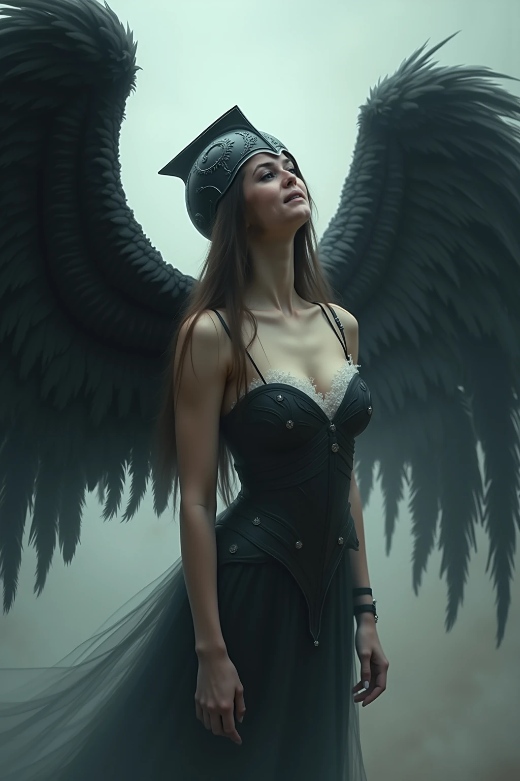 Horror-themed, by Annie Leibovitz, 1girl at night, (provocative sexual pose, delicate pleading expression:1.2), close up body shot, a sexy horned succubus sensually posing in a vast impossible ancient city of the damned wearing a skimpy diaphanous white ripped gown, highly detailed face with glowing eyes, toned legs, (large black feathered wings and long curved horns:1.3), long scarlet hair, Deborah Ann Woll|(Karen Gillan:0.7)|(person:0.8), imposing gothic stone buildings with impossible geometry, black and blue color palette, backlit,