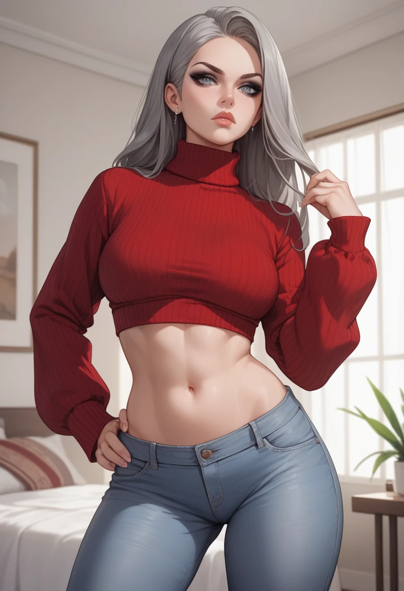 Girls, Bangs, Bare Shoulders, Black Pants, Breasts, Breasts squeezed together, Grey background, Hair between the eyes, Huge breasts, Long hair, View Viewer, Pants, Parted lips, Red eyes, Shirt, Simple background, Sleeveless, Sleeveless shirt, Solo, Turtleneck, V arm, White hair,(Shiny skin),(Masterpiece:1.4),(Best quality:1.4),,Facigirl,Red lips,Perfect abs, Navel, (??????: 1.5), (sheer ??????), ??????, huge, sweat, whole body