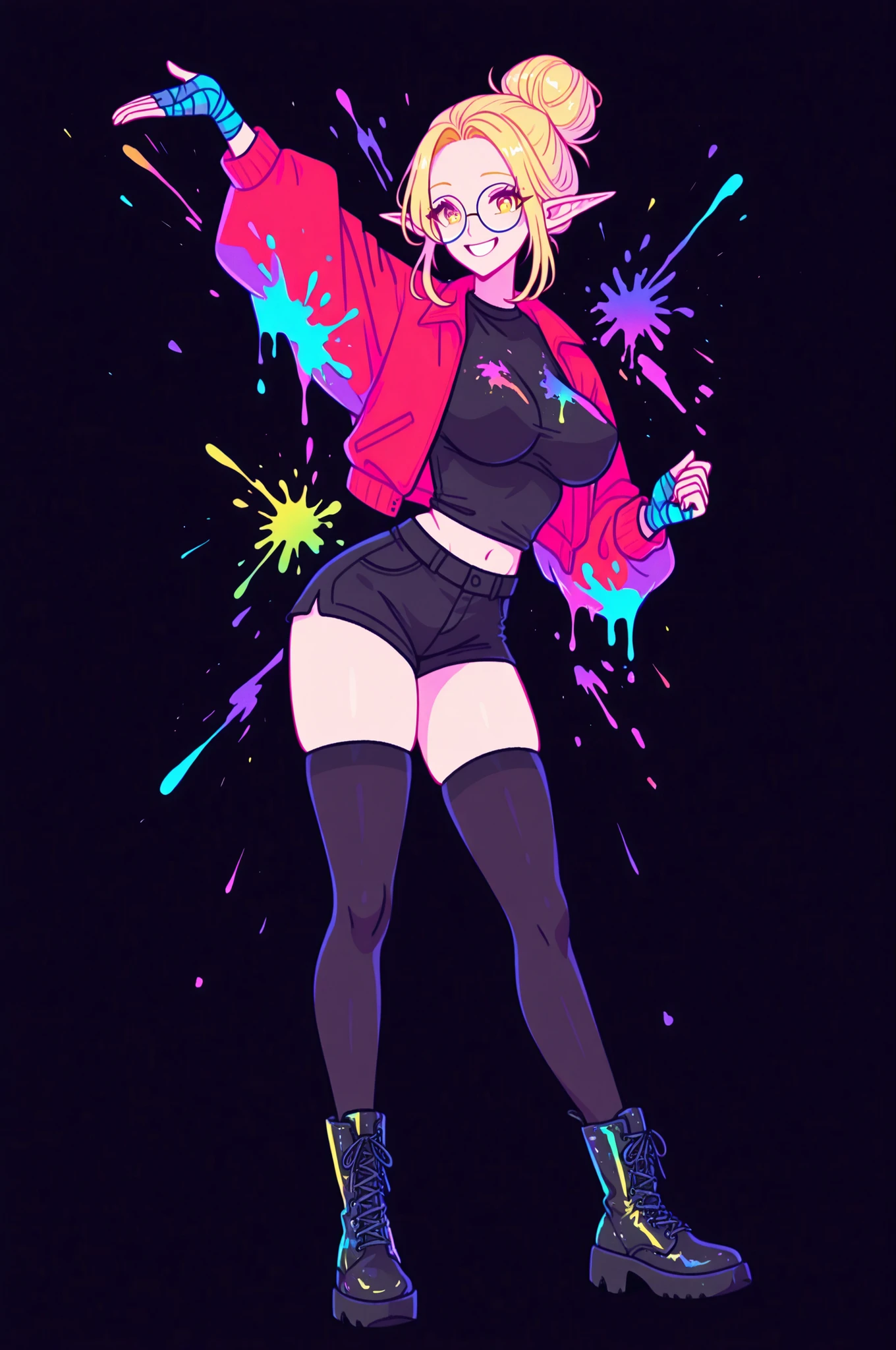 1 adult woman, elf, round glasses, large low bun updo, blonde hair, yellow eyes, smile, black shirt with colorful logo, nerdy bimbo, Slim thicc waifu, large breasts, perky breasts, breast implants, red jacket, black jean shorts, black thigh highs, combat boots, handwraps, neon paint stroke background, paint splash on black background