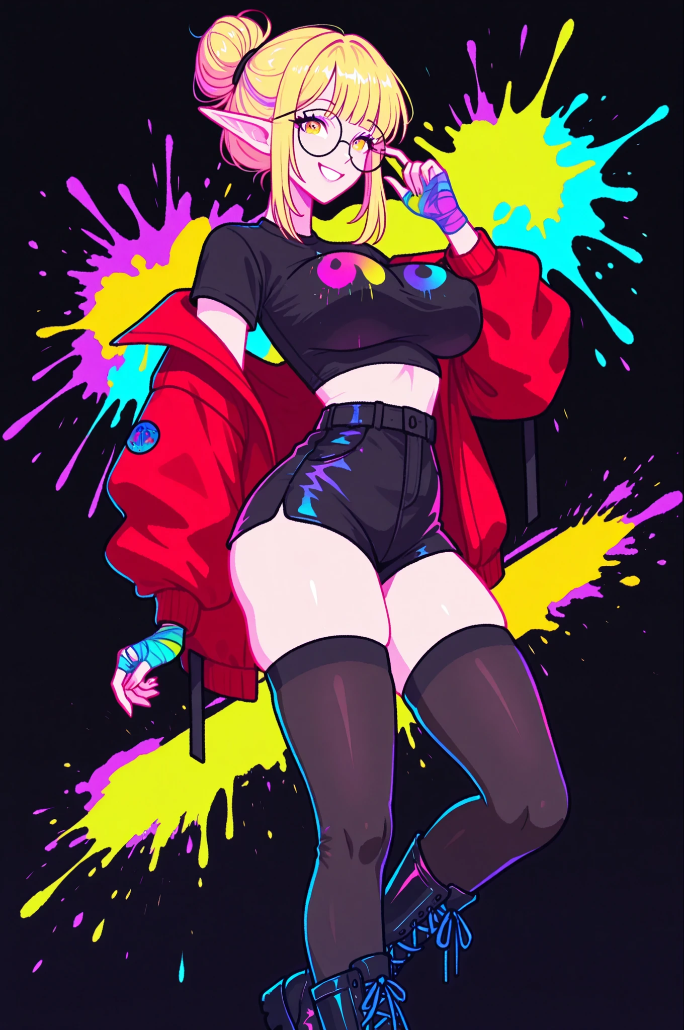 1 adult woman, elf, round glasses, large low bun updo, blonde hair, yellow eyes, smile, black shirt with colorful logo, nerdy bimbo, Slim thicc waifu, large breasts, perky breasts, breast implants, red jacket, black jean shorts, black thigh highs, combat boots, handwraps, neon paint stroke background, paint splash on black background