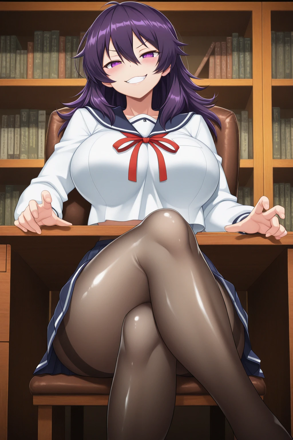 Rieli Bishop(Prison Battleship)、Purple hair、Green Eyes、Huge breasts、high school student、uniform、mini skirt、Gentle smile、Nipple piercing、School、classroom、Squat、See-through、、Chest open、Open neck、clitoris、pubic hair、Squirting、Low - Angle、Sex