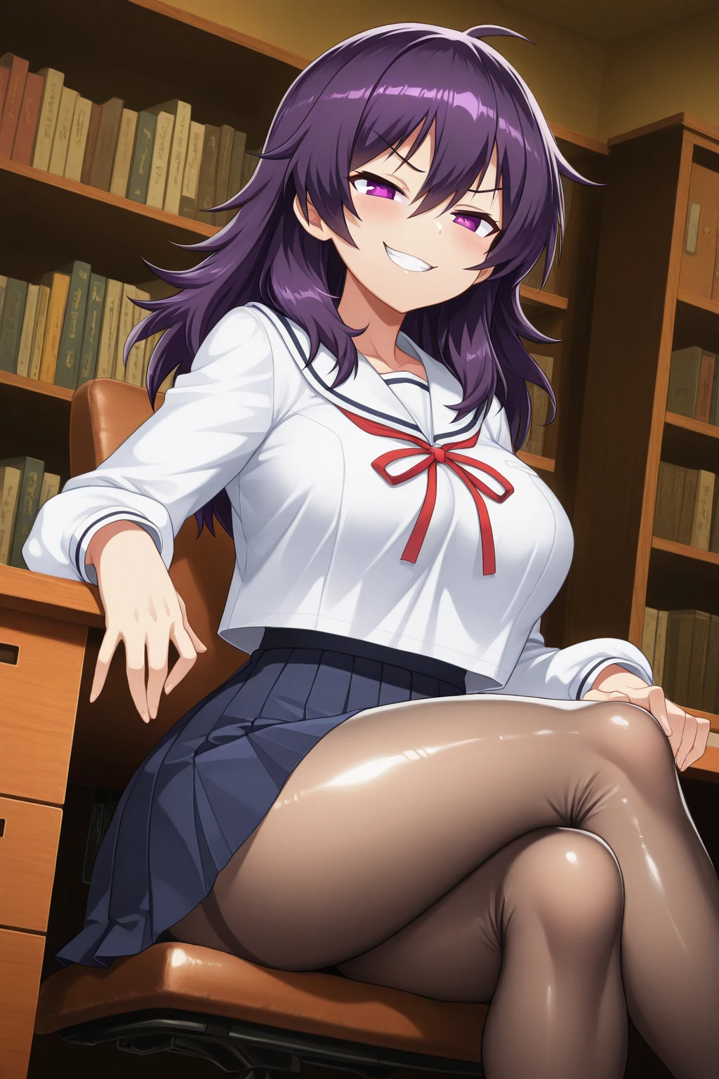 2d, masterpiece, ((squating)) white panties, slim body, slim legs, spread legs, best quality, ((full body)), full pose, anime, highly detailed, cowboy shot, 1girl, solo, yuri, purple hair, purple eyes, long hair, hair between eyes, hairclip, , blazer, brown sweater, collared shirt, neck ribbon, blue skirt, black pantyhose, black school shoes, smile, teeth, bed, squatting:1.3, hotel room, geek glasses,