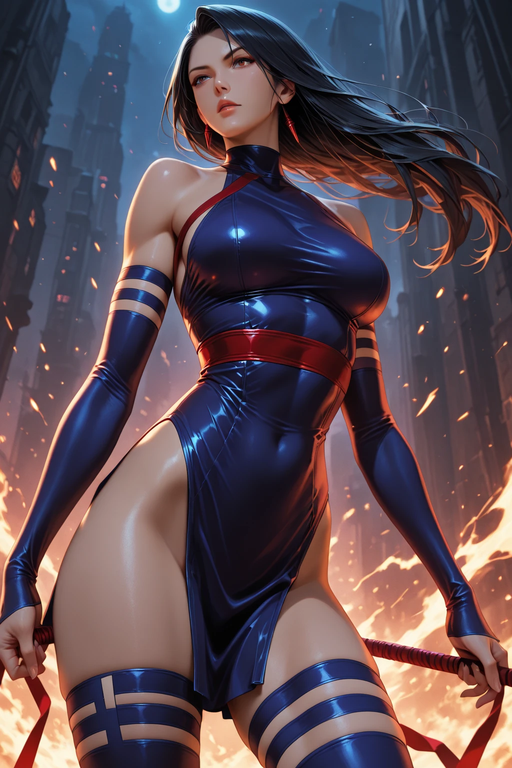 A photo of the heroine saluting outdoors with her legs wide open, Lower body exposed, String leotard under clothes!, Shiny red string leotard, Narrow crotch that cuts into the genitals, Giant Art, Muscle sweat ，Shiny red knee-high boots, A unique sexy pose with legs open while saluting, A lot of skin exposed and almost naked, Black smoke in the blue sky, Buildings in the background，Discoloration of the groin area，A heroine of justice saluting in the town，The thighs are bare，The lower half is bare skin，High leg bikini，Exhibitionism，Beautiful thigh skin tone，Muscular，Pubic hair is visible，Genitals are visible,