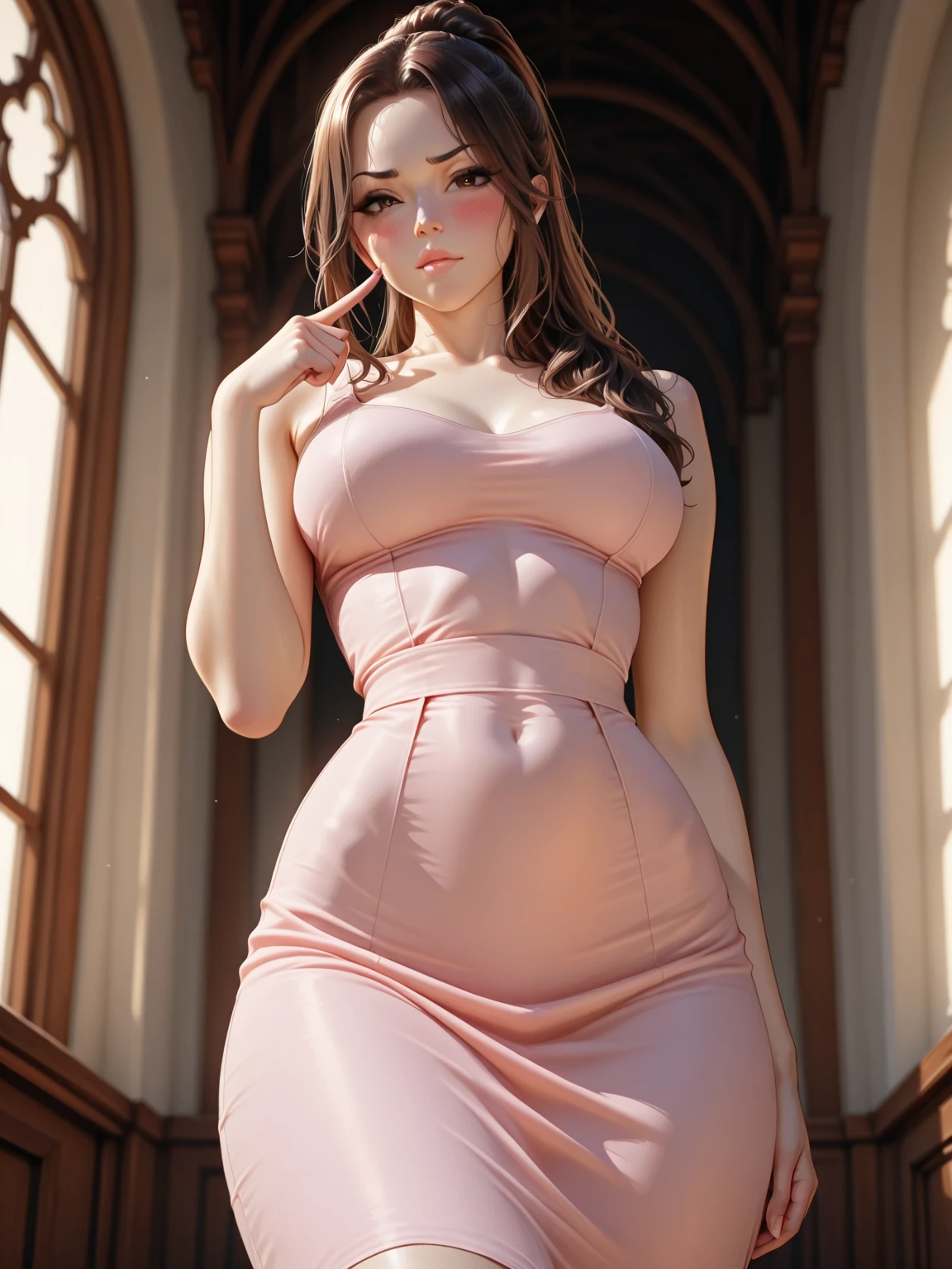 ((masterpiece)), ((photorealistic))), ((8k wallpaper)), ((best quality)), (one image), ((perfect quality)), ((solo))), ((detailed eyes)), girl, ((Ermione)), ((Hermione)), ((adult)), very beautiful, pose: (sexy pose, shy pose, standing), face : ((young), (18 years old), (most beautiful), (makeup), (perfect face), (small smile), (adult), thin face, detailed face, (simmetric face), (very beautiful face)) , figure: ( (very full body), (very full figure), (huge breasts), (curvy), (very thicc), (very thick), (wide waist), (chubby), (chubby belly), (chubby belly bottom), (belly bulge), (big deep navel), very soft, (very curvy), (love handles), wide hips, (sexy curves), sexy, (muffin top), thick thighs, thunder thighs) , clothes : (tight pink dress)