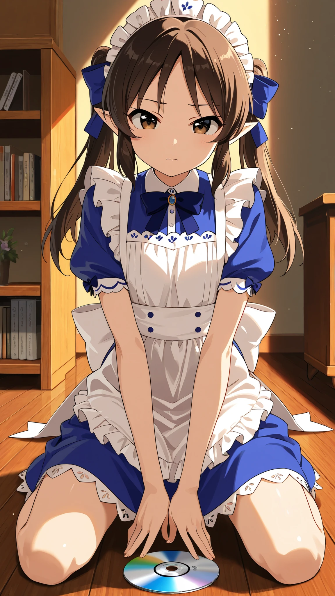 score_9, score_8_up , score_7_up , score_9,Score_9, Score_8_up , Score_7_up ,Tachibana Arisu maid uniform, blue-white knee-length dress + white frilled apron, puffy sleeves, golden twin tails (left side bow), visible elf ears, CD disc covering upper right eye, kneeling pose, dark brown wooden floor, background multi-layer wooden shelf (anime figures/artbooks display), warm spotlight effect, cel-shaded anime style, high saturation colors





