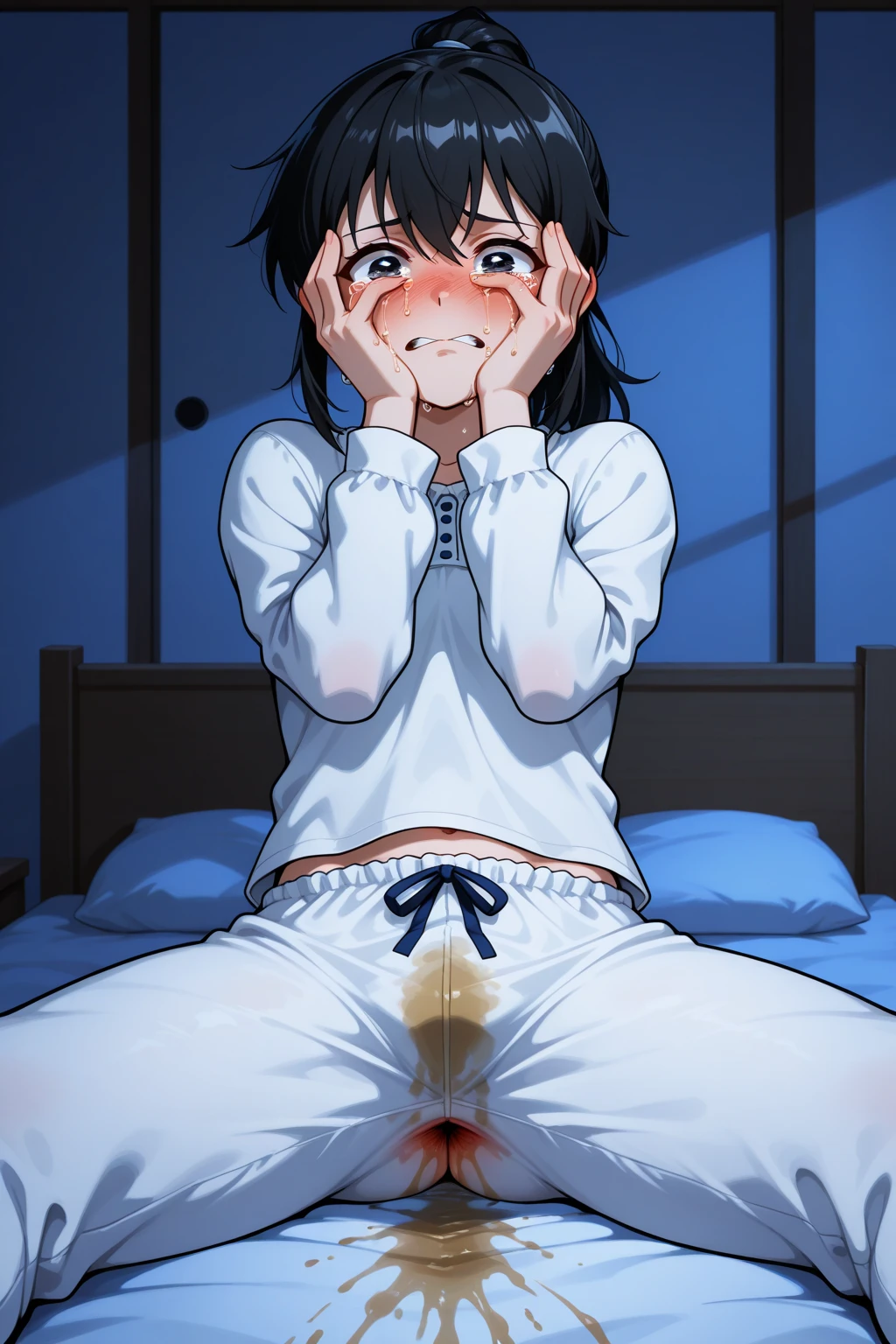 Short hair, pubic hair, beautiful breasts, sleeping well, black hair, short sleeves, arms, in the hospital, no underwear, short magenta polo shirt, bra, naked, belly button, no underwear, sleeping on the futon, body straight, legs spread, sex, attacked by a man, covered in semen, while sleeping, multiple men around, penis inserted up to the stomach, legs grabbed