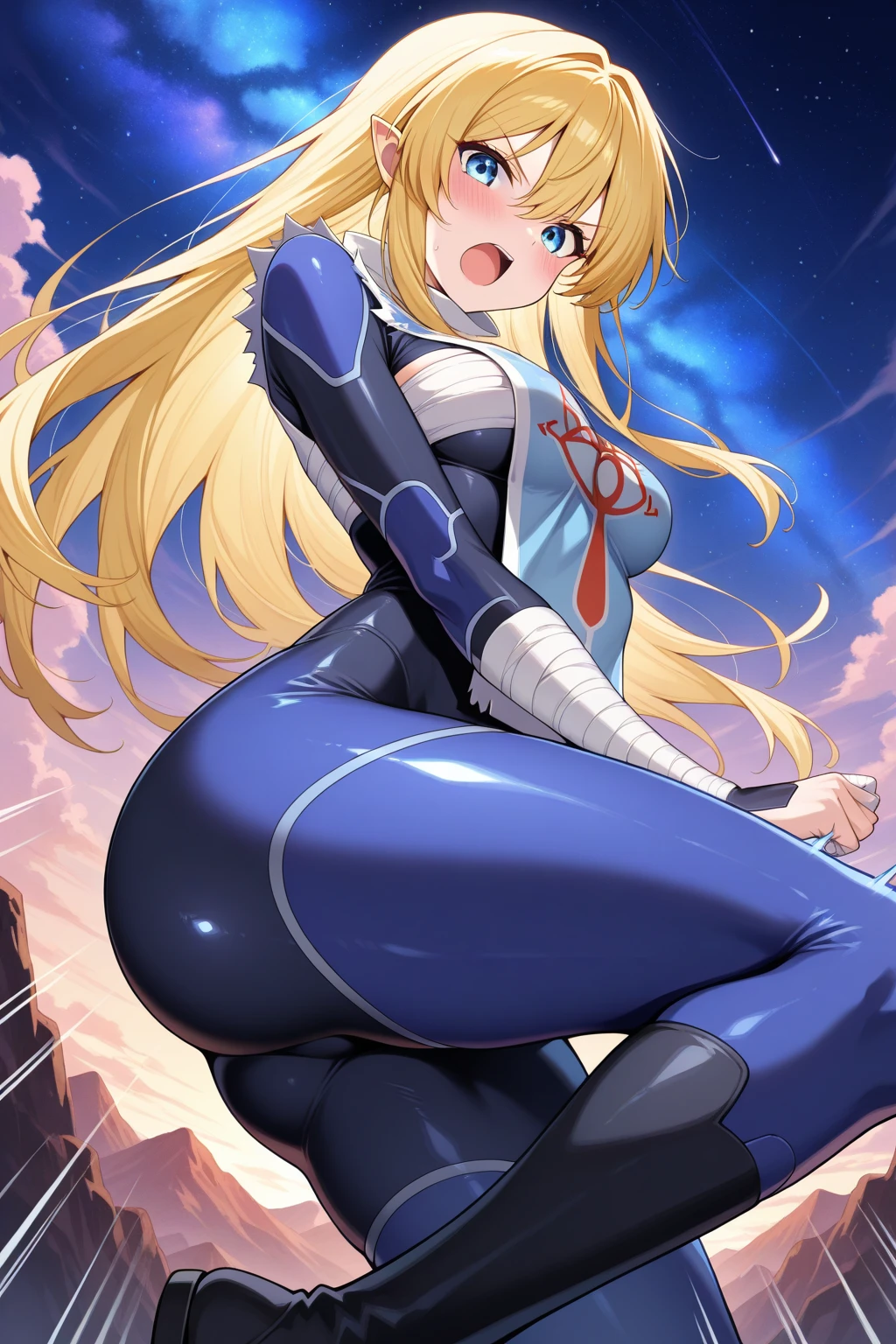 ultra-detailed, Explicit, Beautiful body, Beautiful Nose, Beautiful character design, perfect eyes, perfect face, ultra highres, 4K, beautiful legs, perfect legs, Nice hands, Perfect hand, Masterpiece, Best Quality, Highly detailed, illustration, absurdres, perfect anatomy, BOOTS, THIGH BOOTS, BODYSUIT, LEOTARD, HEADSET, absurdres, highres, solo, cowboy shot, 1girl, perfect hands, wind, (highres,best_quality,masterpiece), hair ornament, large breast, huge breast, wilhelmina braunschweig ingenohl friedeburg, long hair, blue eyes, blonde hair, braid, hair braid, single braid, ribbon, hair ribbon, side braid