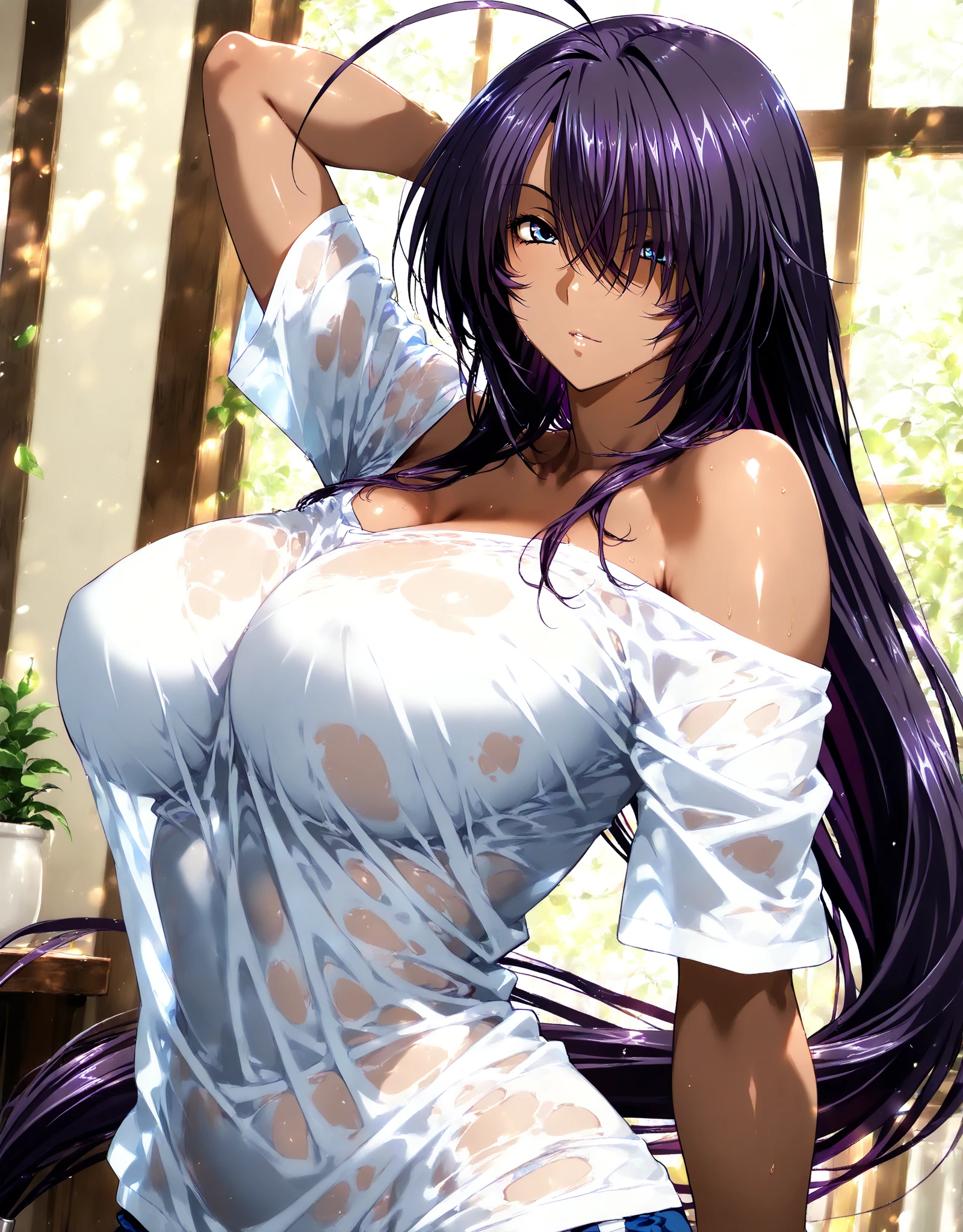 Saeko Busujima dressed as an angel, Angel costume, angel costume, alas, angel wings, vestido blanco, cielo soleado, aureola, mirando al espectador,