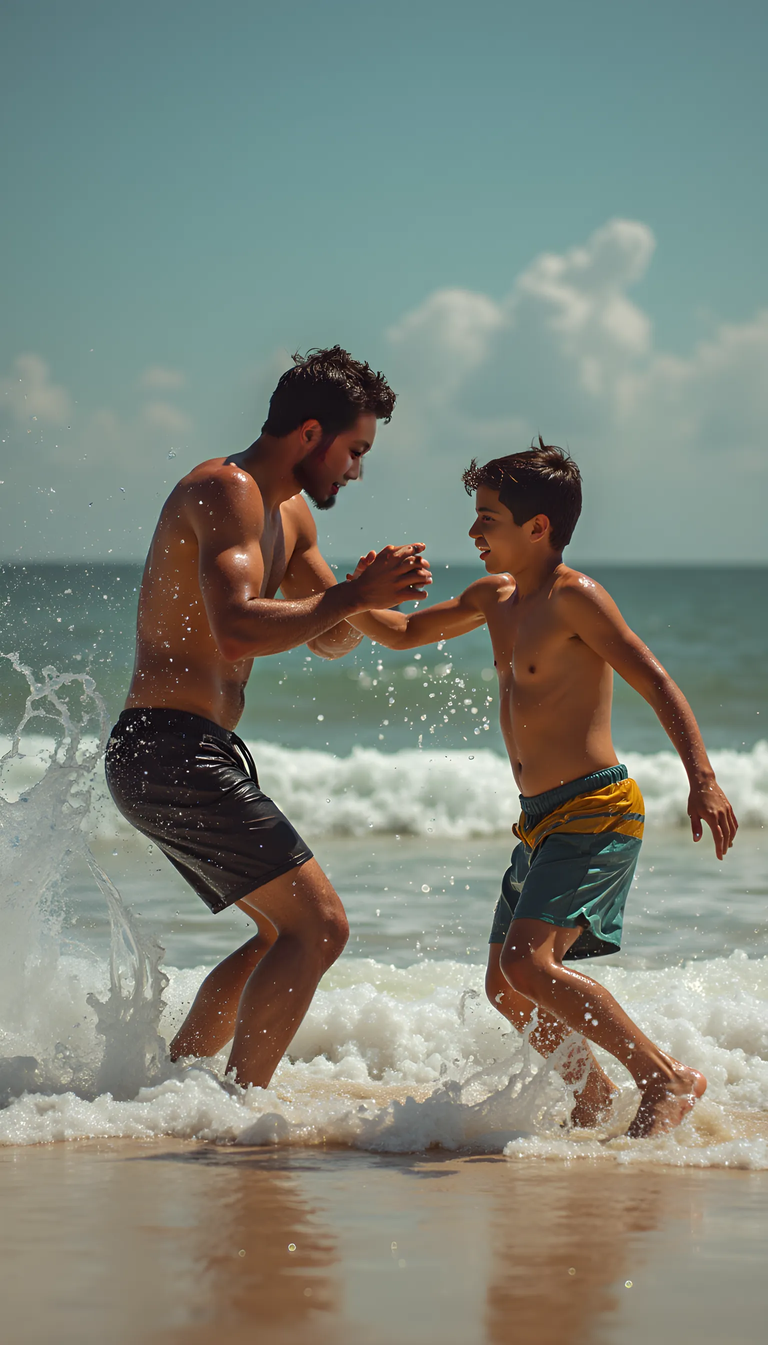 Generate image of father and child son training muay thai on a beach wearing muay thai shorts and smiling