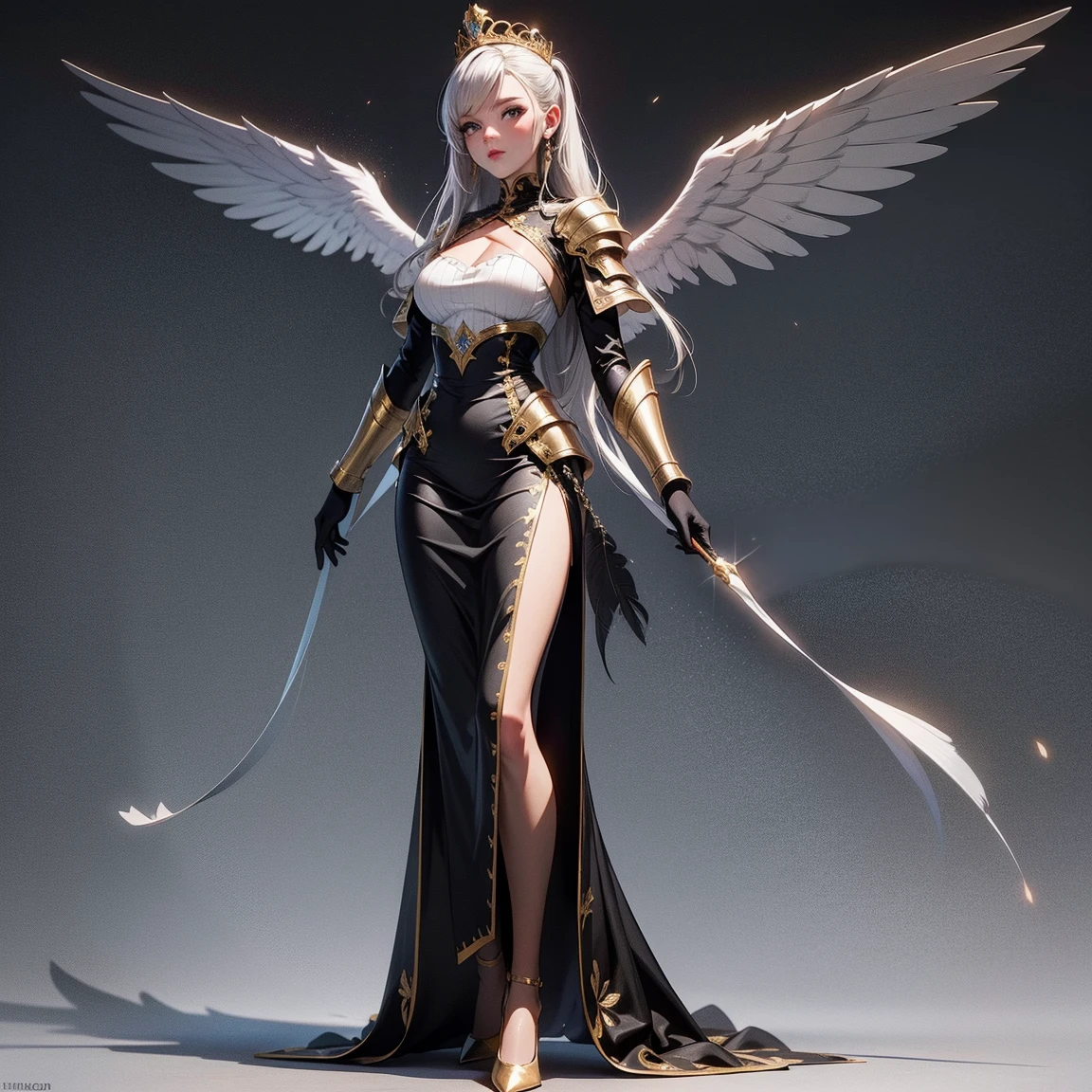 (Meisterwerk:1.2),(best quality:1.1),(hoch detaillierte Details:1.2),demonic angel with large black and white wings, white and red armor, gorgeous face, sitting on a throne red horns