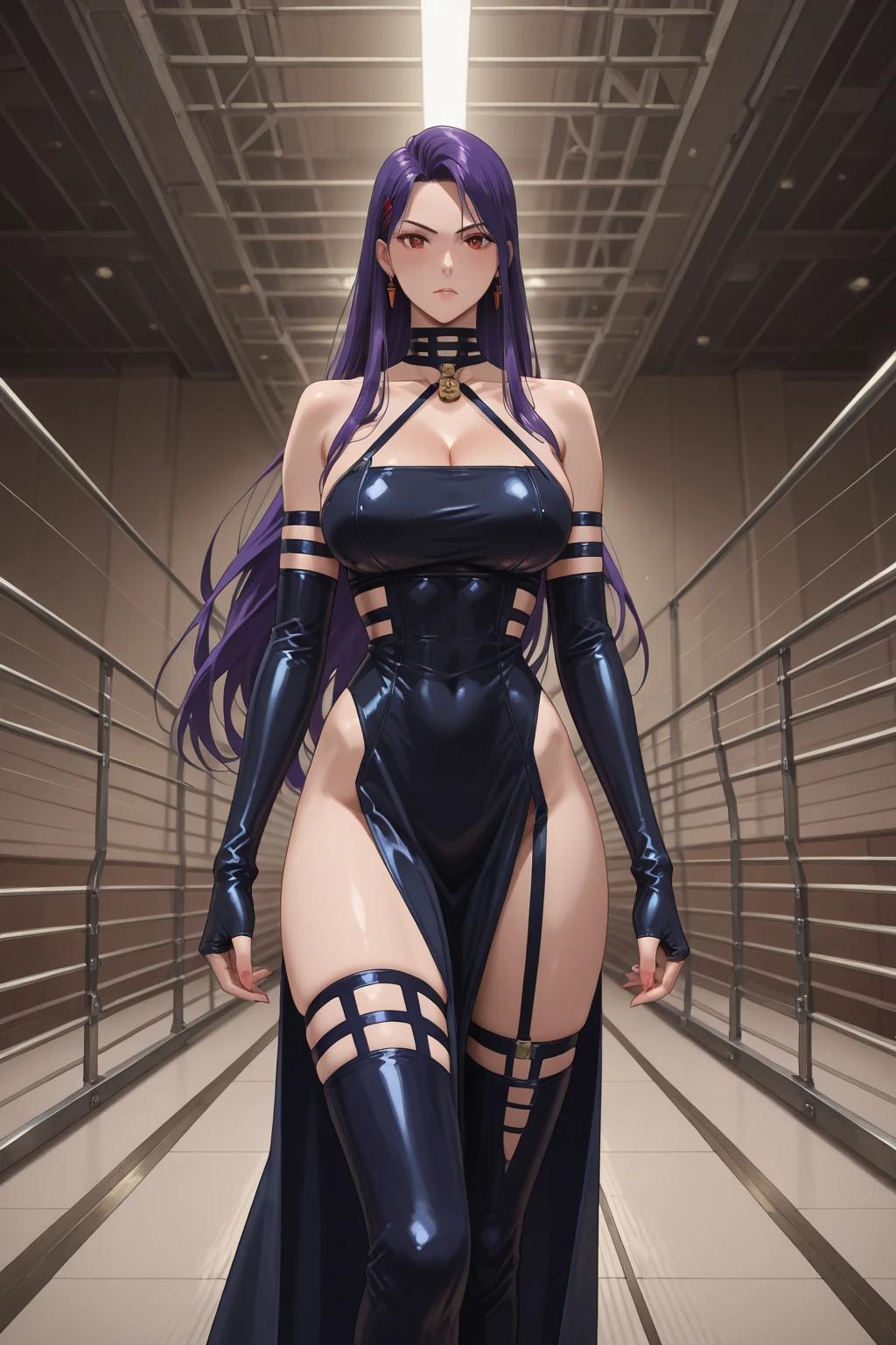 1girl, beautiful face, pretty, purple hair color, long hair, straight hair, hair bang, straight hair bang, purple eyes, mature woman, mommy, big tits, succubus, evil smile, black leotard, latex leotard, black stockings, latex stockings, gold necklace