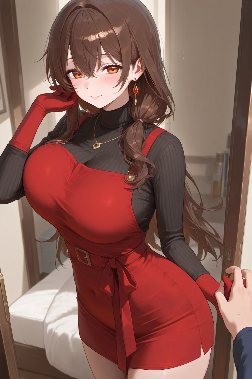 top-quality、Full limbs、complete fingers、Slender beauty、straight haired、Brown hair、(Red High Neck Long Sleeve Leotard:1.3)、(Brown pantyhose:1.3)、Beautiful Large Breasts、Luxurious living room