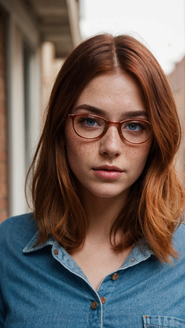 a photo of a girl's face with freckles and round glasses,
(red hair:1.2), short hair, bangs, messy hair,
smiling,
<lora:more_details:0.7>, shiny, shiny hair, shiny skin, shiny clothes, masterpiece, extreme details, detailed, focus, masterpiece, realistic, photorealistic, 4k, 8k, 16k, highres