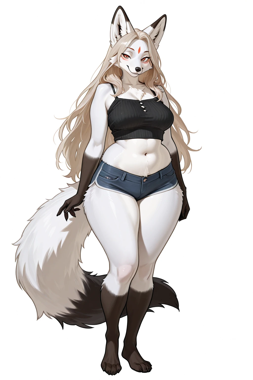  solo, 1girl, furry, full body, ((by bebebebebe)), (fluffy full black feral monster), (thick scruffy fur all over body:1.3), humanoid, brutish, think sharp claws, ((hair monster)), no face, (in white background),  puffy fur, (7 ft tall), no mask, big hips, hour glass figure, large breasts, ((tank top)),