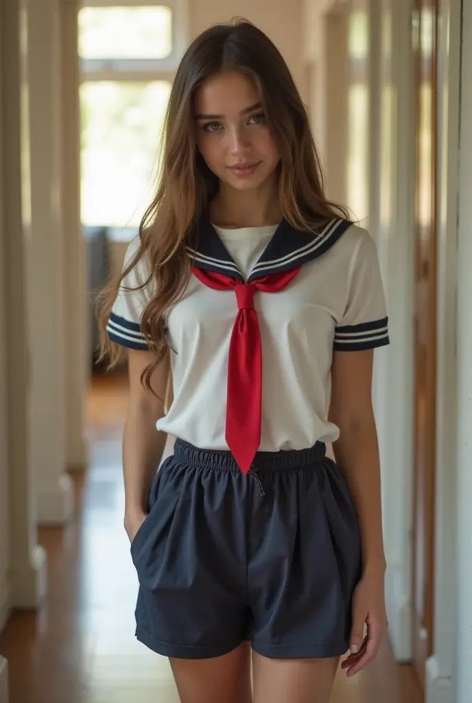 12 year old girl with nice body in school uniform, mini skirt, you can see his white underwear